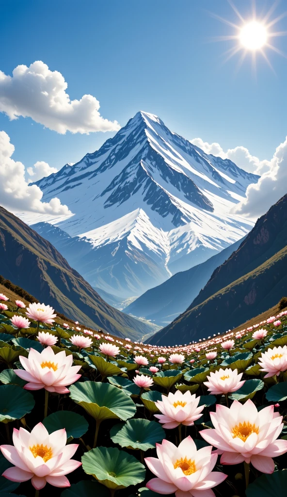 The majestic Tianshan Mountain , snow lotuses bloom like a wonderland , golden phoenix wants to fly , against the backdrop of snowy mountains, making it even more sacred, blue sky and white clouds intertwine , reveals fantasy in serenity , oil painting style ,Genres , long-range perspective , top light irradiates , interlaced light and shadow ,Ultimate image quality, with 8K resolution 。