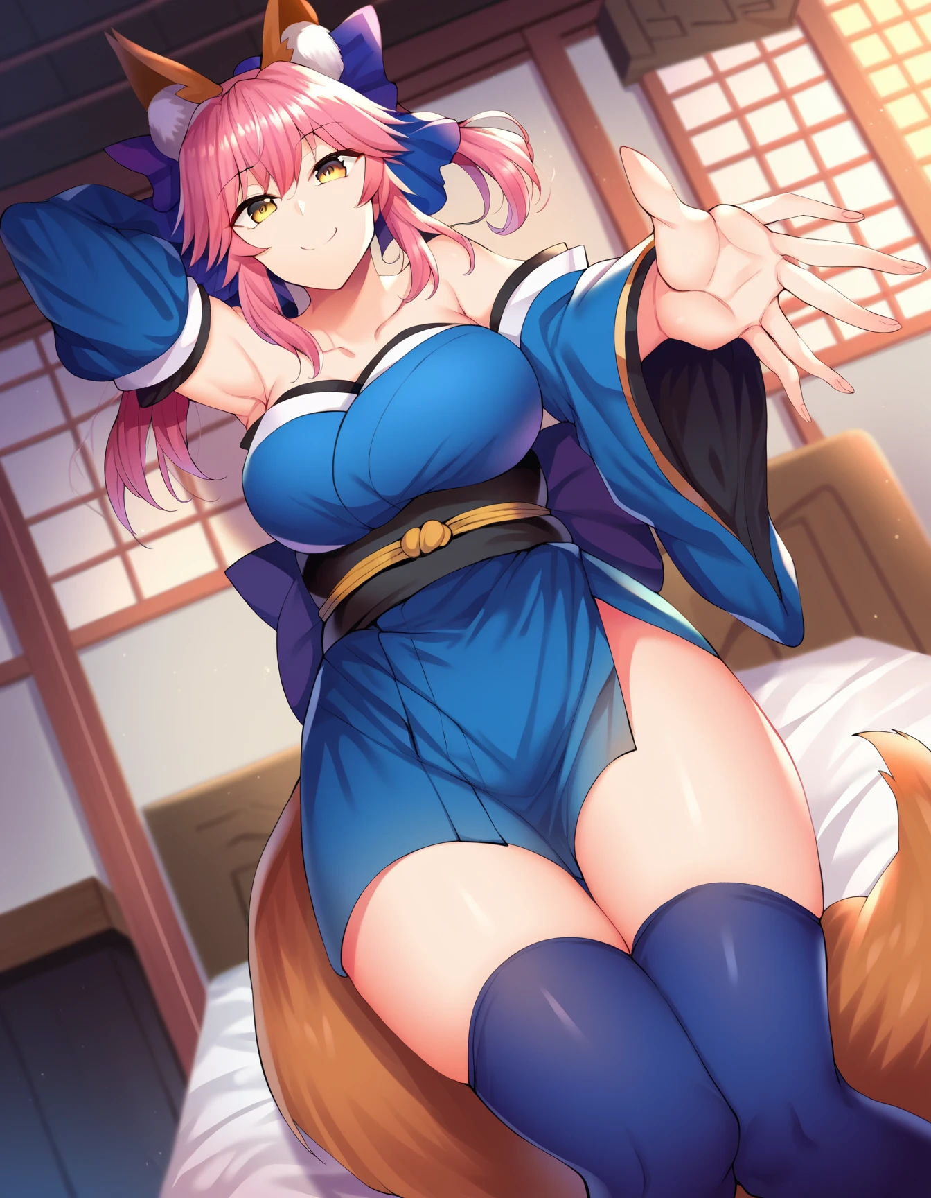 score_9, score_8_up, score_7_up, source_anime,
tamamonomae, tamamo, animal ear fluff, animal ears, fox ears, fox girl, fox tail, hair ribbon, pink hair, tail, yellow eyes, smile, mature female,
bare shoulders, blue kimono, blue ribbon, blue thighhighs, collarbone, detached sleeves, japanese clothes, kimono, thighhighs,
indoors, bed, bed room, on back, arm support, arms up, incoming hug, pov, reaching, reaching towards viewer,
looking at viewer, cowboy shot, dutch angle,