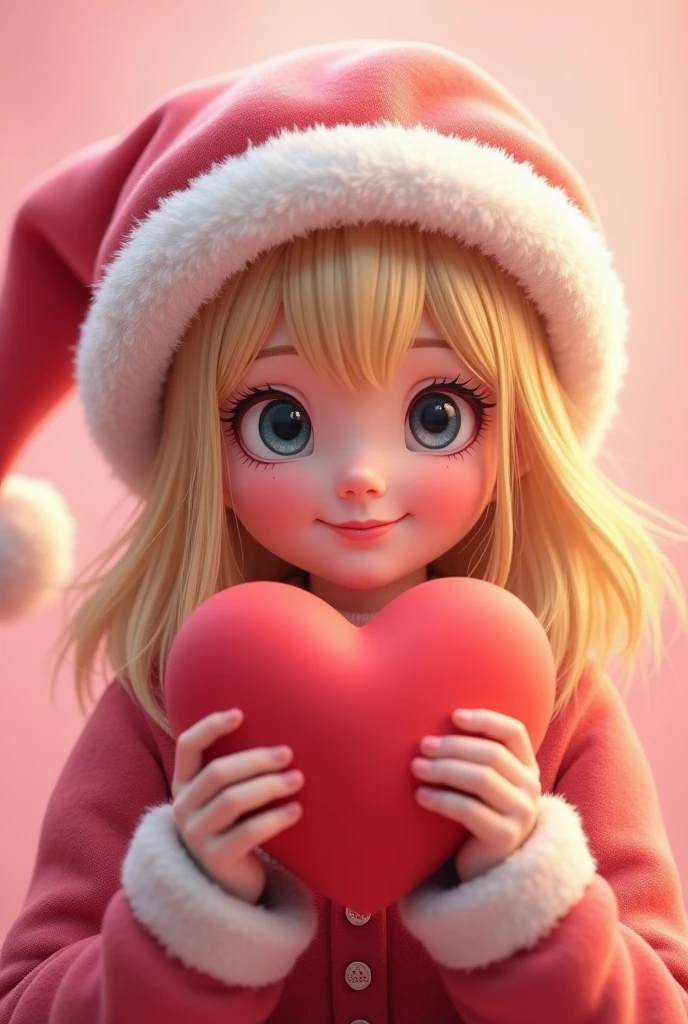  Beautiful background A pink heart ,  of a beautiful shape Holds a girl with blond hair,  Beautiful and Loved , smile,  in a cute Christmas hat , The colors are beautiful , tender, Air, Shine, Love you,  masterpiece fails, 8 k,  maximum quality ,  complicated details,  maximum quality ,  better quality ,  Excellent , perfect, Wonderful, 