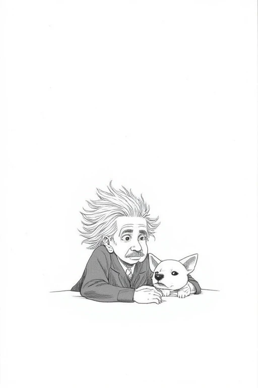 " Caricature illustration of Einstein in a simple and humorous line drawing style。 with characteristic hairstyle and expression sticking out 、Small dog snuggling up next to each other 。 Overall minimalistic and comical atmosphere 、 Illustration with a soft touch on a white background 。"