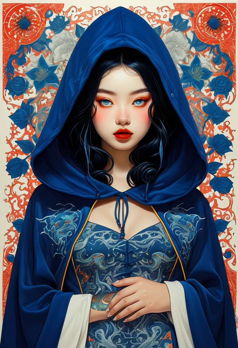  luminous ,  tattoo design:  front body view  ( upper half of the body ), (young girl with blue riding hood) face in position 3/4,  beautiful detailed eyes , black hair tied on top of her head (some curls fall down). hermosa jovencita con riding hood Dark blue,  by Tsutomu Nihei  ,( strange but extremely beautiful:1.4),(  masterpiece,  better quality :1.4),in the style of nicola samori,Mante, Ukiyo-e art,d style page&#39;Erik Madigan Heck,retrato, illustration,Drawing,Contour,bold Contour, luminous  , tattoo design ,Alex Gross style page ((8K)) (( Ultra High Definition )) (( masterpiece)) ( upper half of the body ). background landscape blends with clothing. (riding hood Dark blue con patrón detailed textile de "8-pointed yellow stars ") ((blue riding hood covers her torso, only her forearms and hands can be seen (one hand on chest, the other hand on her abdomen)) (Dark blue, coral, cream, pale green) (Detailed lines) (detailed textile)
