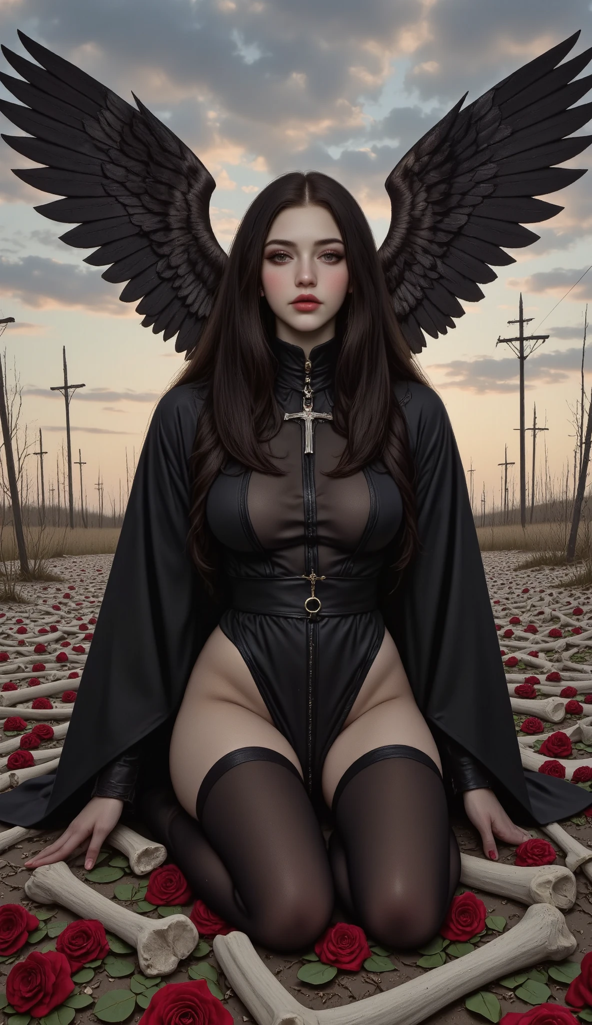 (photorealism:1.2),  beautiful woman ,  An angel with black hair ,  with red demon horns and black wings ,  decorated with red roses , agenouillé au milieu d'un champ de Of bones and roses  cramoisies,  with a melancholic and introspective expression .  The air is charged with a sense of sadness and decay .,  The setting sun projects long shadows over this desolate landscape.,  with shooting stars in the background .  oil on canvas , hyper-realistic, Gothic,  fantastic in the style of Greg Rutkowski and Brom .  soft lighting , muted colors,  Feather textures , Of bones and roses ,  lovingly dark ,  ethereal atmosphere .  Change the color of roses to darker and more dramatic ..  Increase color saturation for more intensity .