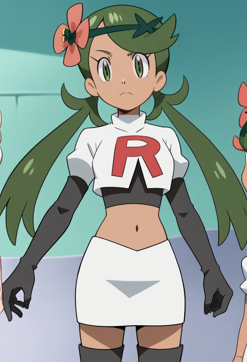 team rocket uniform, red letter r, white skirt, white crop top, black thigh-high boots, black elbow gloves, glaring angrily, looking at viewer, hands on hips, zettai ryouiki, PallaFE