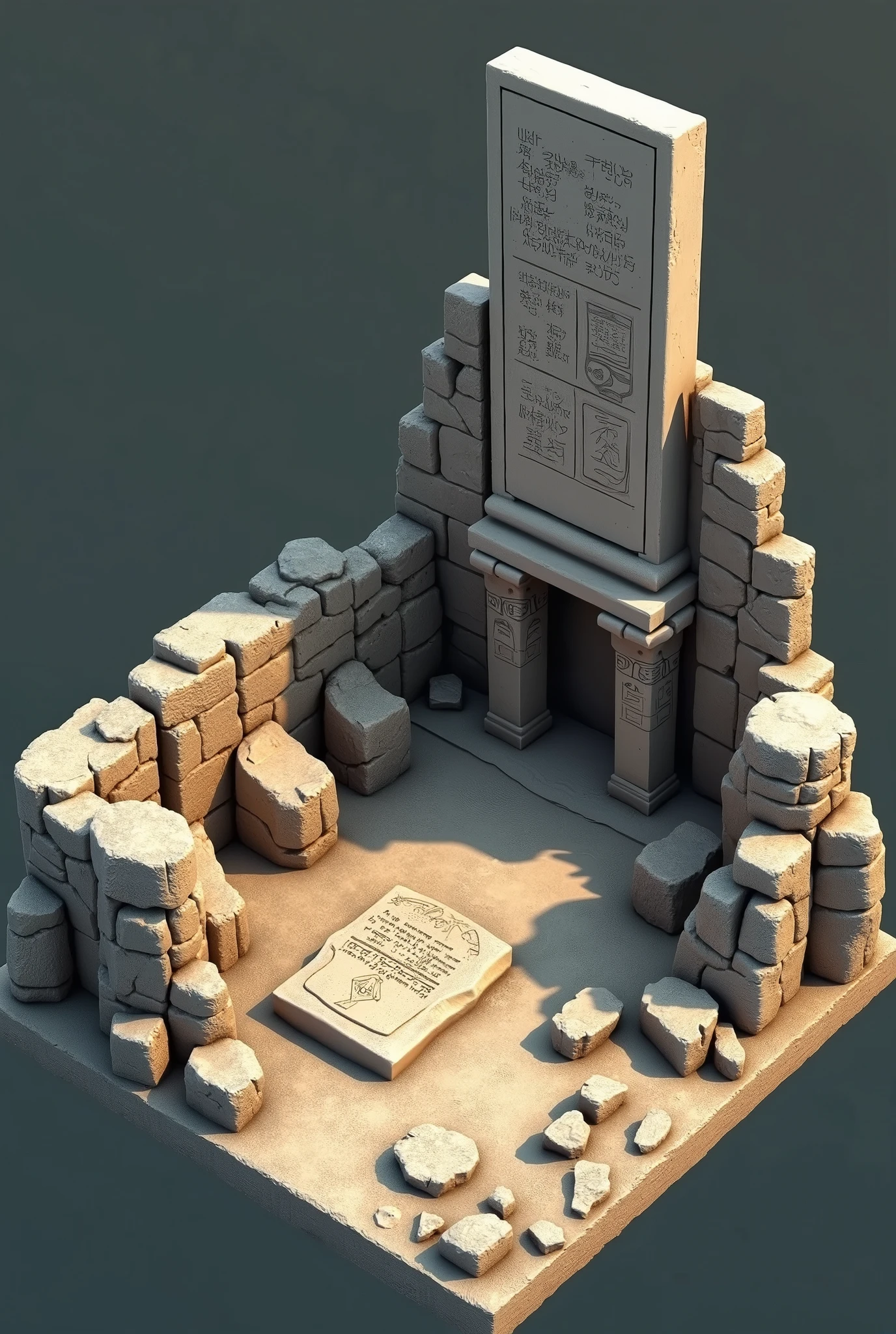   Extensive 3D modeling games in real scale , large 80 meters by 80 meters  , Tribal style,   Terrain model of 80x80 meters of rocks  ,   An ancient RUIN with a tablet made of stone .，Rochas,   some stone blocks detached from the ruins 