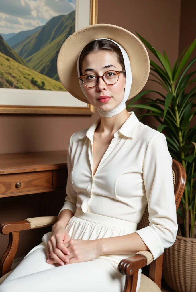 a beautiful woman in a white dress sitting on a chair, wearing glasses and a wide-brimmed hat, realistic, high resolution, detailed face, beautiful eyes, detailed clothing folds, realistic lighting, intricate background, fine art photography style, warm color tones, cinematic lighting, photorealistic