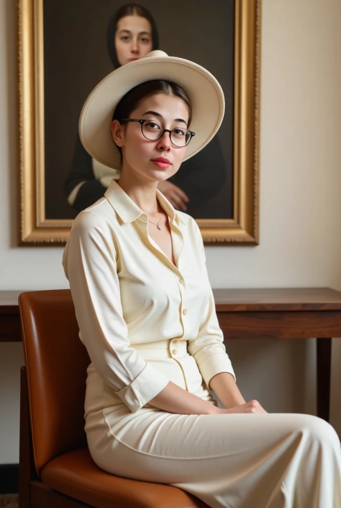 a beautiful woman in a white dress sitting on a chair, wearing glasses and a wide-brimmed hat, realistic, high resolution, detailed face, beautiful eyes, detailed clothing folds, realistic lighting, intricate background, fine art photography style, warm color tones, cinematic lighting, photorealistic