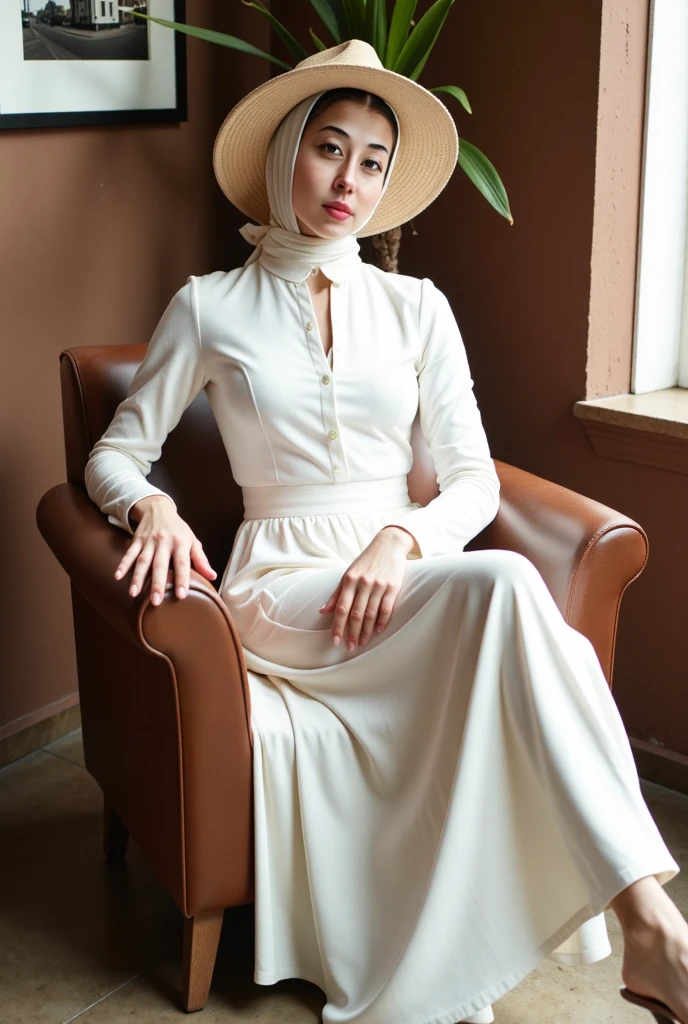 a beautiful woman in a white dress sitting on a chair, wearing glasses and a wide-brimmed hat, realistic, high resolution, detailed face, beautiful eyes, detailed clothing folds, realistic lighting, intricate background, fine art photography style, warm color tones, cinematic lighting, photorealistic