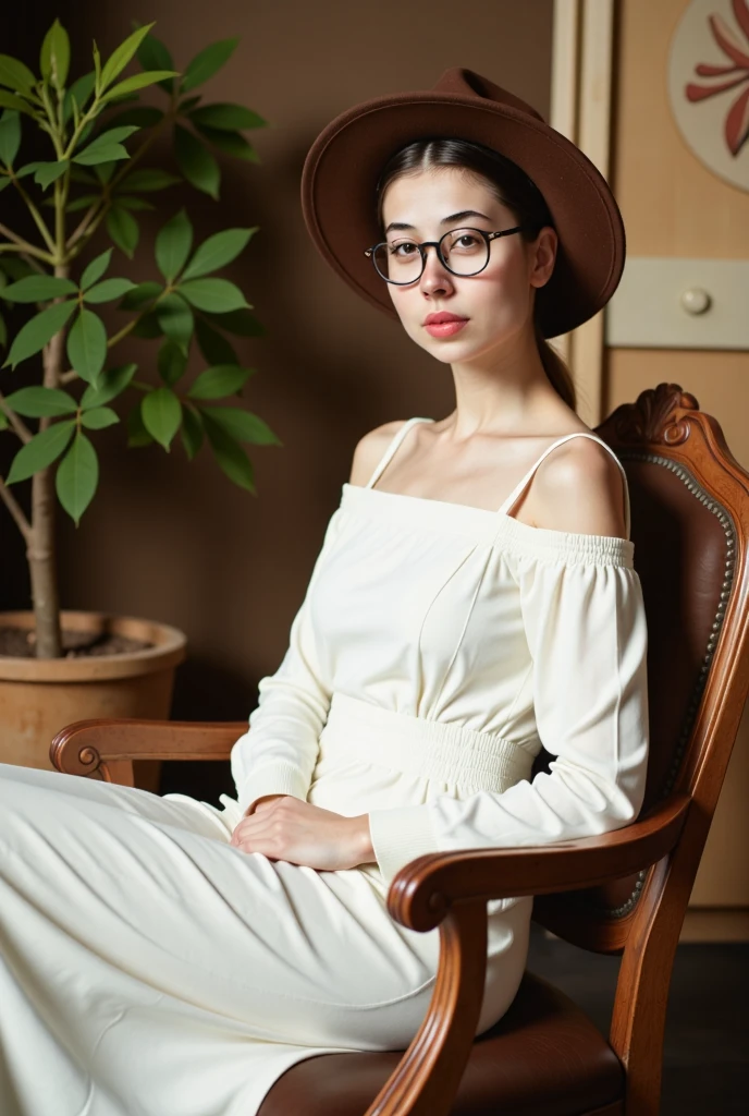 a beautiful woman in a white dress sitting on a chair, wearing glasses and a wide-brimmed hat, realistic, high resolution, detailed face, beautiful eyes, detailed clothing folds, realistic lighting, intricate background, fine art photography style, warm color tones, cinematic lighting, photorealistic