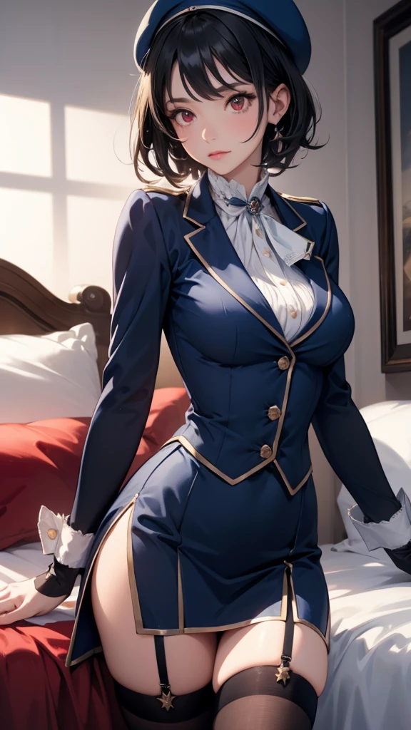 (masterpiece,  top quality :1.2), illustration,8k, high res, One girl ,Alone, upper body,( portrait:1.2), \( kancolle \), black hair, red eyes, short hair, Big Breasts , Long Sleeve , on my bed, Black Gloves , black knee-highs, miniskirt, blue skirt,uniform,beret, garter strap , Blue Jacket , blue head cover,  pencil skirt ,Butt