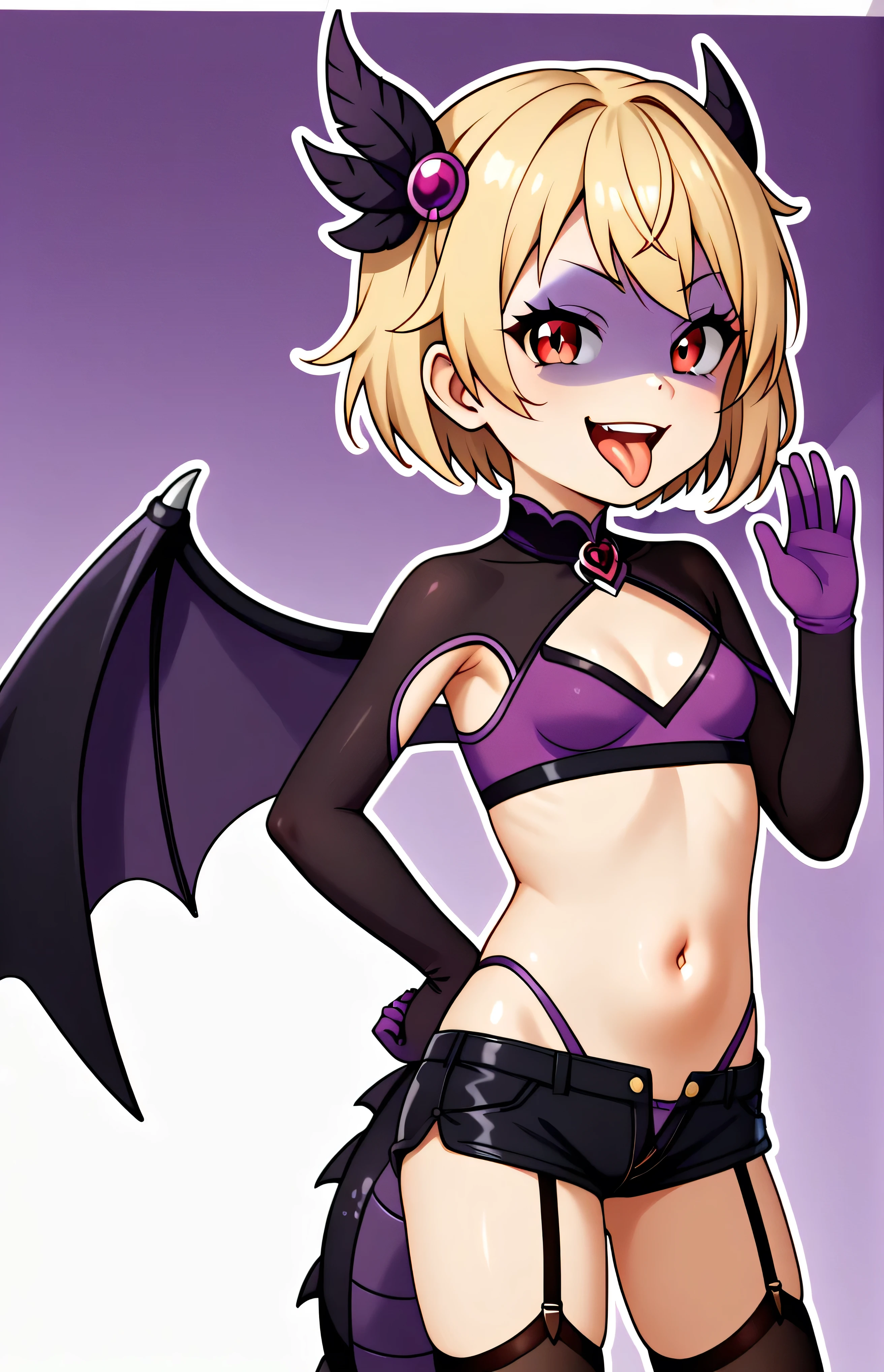 masterpiece, best quality, good quality, newest, CEL, AnFit, red eyes, blonde hair, purple crop top, 1girl, tongue out, black thighhighs, looking at viewer, purple gloves, cowboy shot, short shorts, black shorts, small breasts, highleg panties, hair ornament, purple background, underwear, hand up, panty straps,too evil smile, cleavage cutout, simple background, open mouth, purple panties, two-tone background, pink gloves, sidelocks, outline, black wings, purple wings, dragon tail, feathered wings,  hip ornaments,shaded face(eyes in shadow),loli.small height,short hair,villain pose,