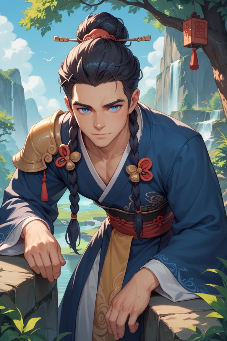 masterpiece, best quality, a man, warrior, muscular body, big hair, kung fu, dressed in traditional clothing, on top of a mountain, meditating, a forest as background, blue sky