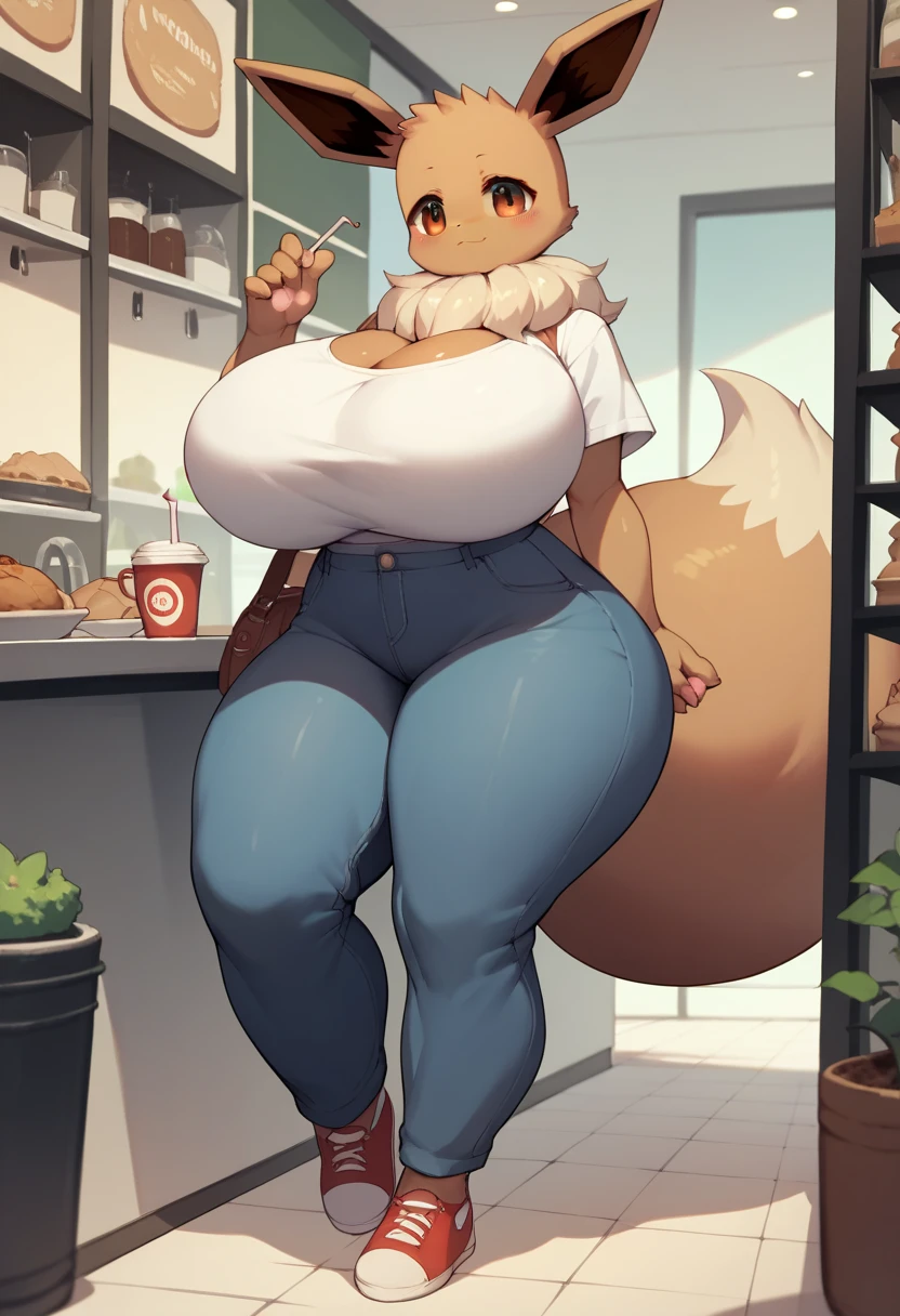 Anime style Eevee furry sexy hot woman,(huge massive large breasts) very long huge legs, in the Café rooms. 