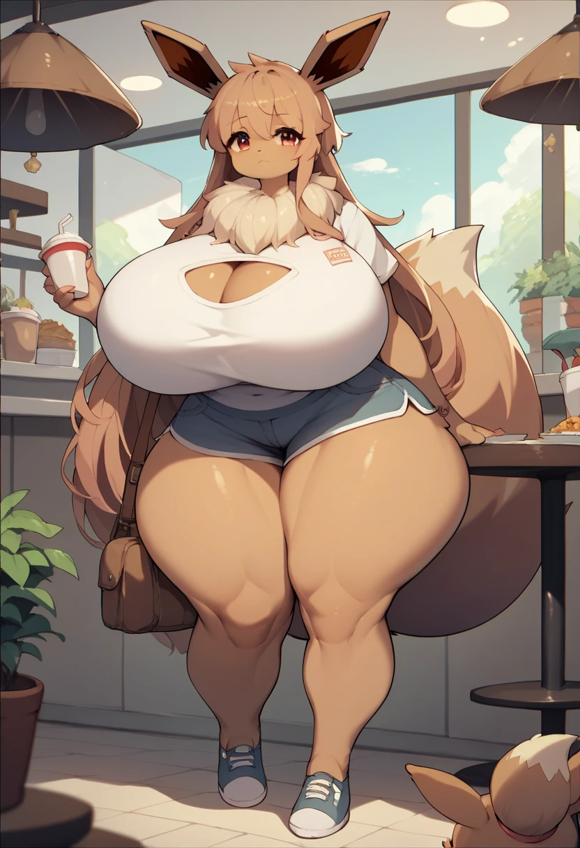 Anime style Eevee furry sexy hot woman,(huge massive large breasts) very long huge legs, in the Café rooms. 