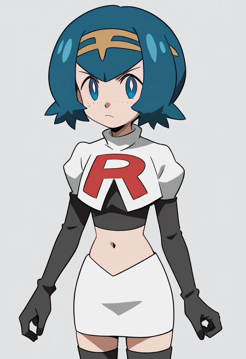 8k,1girl in, (solo:1.1), (perfect body:1.1), (best quality:1.1), very large breast, team rocket, team rocket uniform, red letter r, white skirt,white crop top,black thigh-high boots, black elbow gloves, smiling, looking down at viewer, hands on hips,zettai ryouiki,cowboy shot