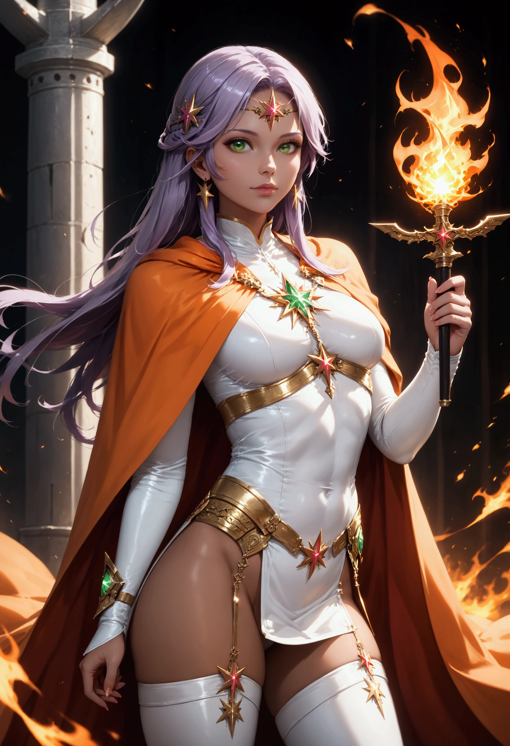 ((Full body photo,standing, feet on the ground)), Saria has large breasts, helmet on her head, black color with golden parts/futuristic Egyptian costume, Egyptian necklace on her neck, extremely tight on her body, (in an ancient Egyptian city it's raining and it's thundering), she has purple hair, blue eyes, she's got her hands closed, holding a pure gold scepter, is looking at the viewer, smiling, face with red cheek, hair and clothing all wet, semi transparent clothing, light makeup on the face, Futurism, 16k, UHD, retina, masterpiece, ccurate, anatomically correct, best quality, high quality, textured skin