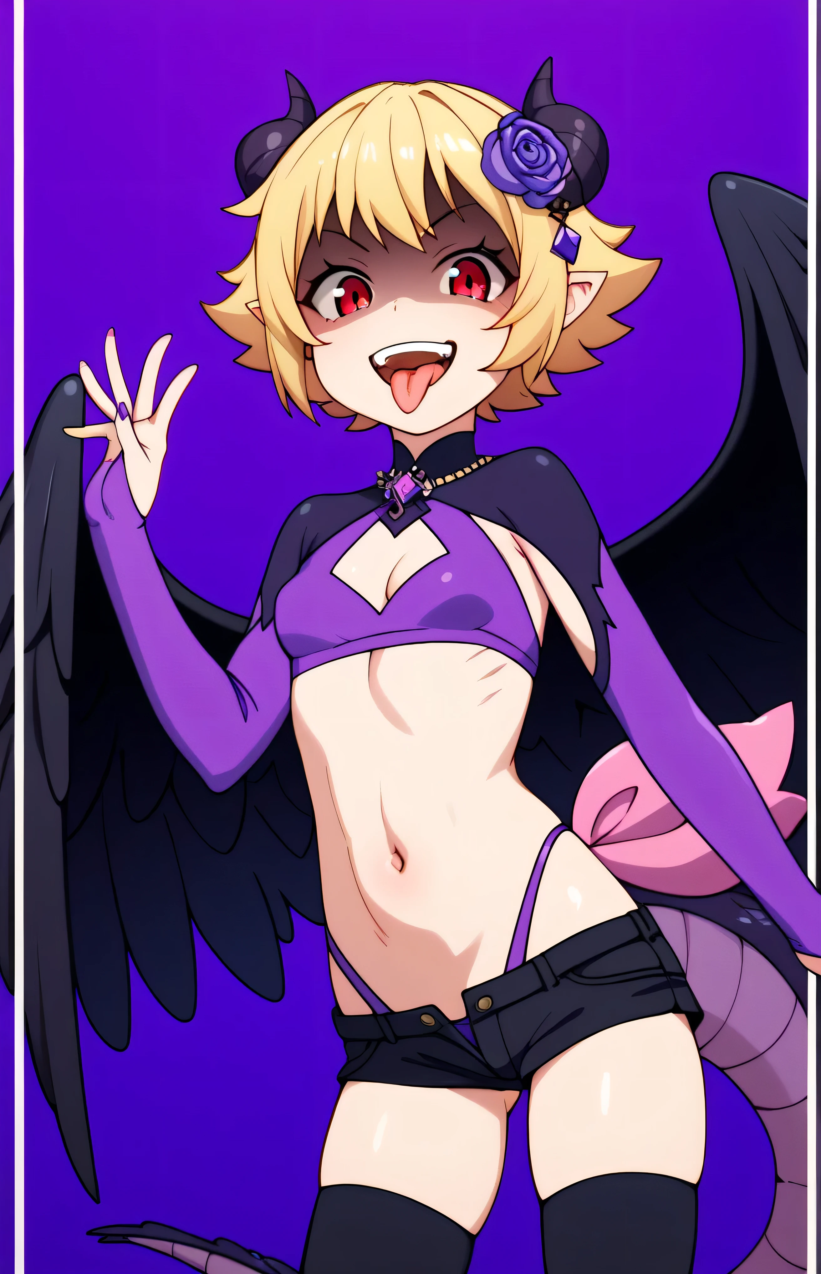 masterpiece, best quality, good quality, newest, CEL, AnFit, red eyes, blonde hair, purple crop top, 1girl, tongue out, black thighhighs, looking at viewer, purple gloves, cowboy shot, short shorts, black shorts, small breasts, highleg panties, hair ornament, purple background, underwear, hand up, panty straps,too evil smile, cleavage cutout, simple background, open mouth, purple panties, two-tone background, pink gloves, sidelocks, outline, black wings, purple wings, dragon tail, feathered wings, hip ornaments,shaded face(eyes in shadow),li.small height,short hair,villain pose,