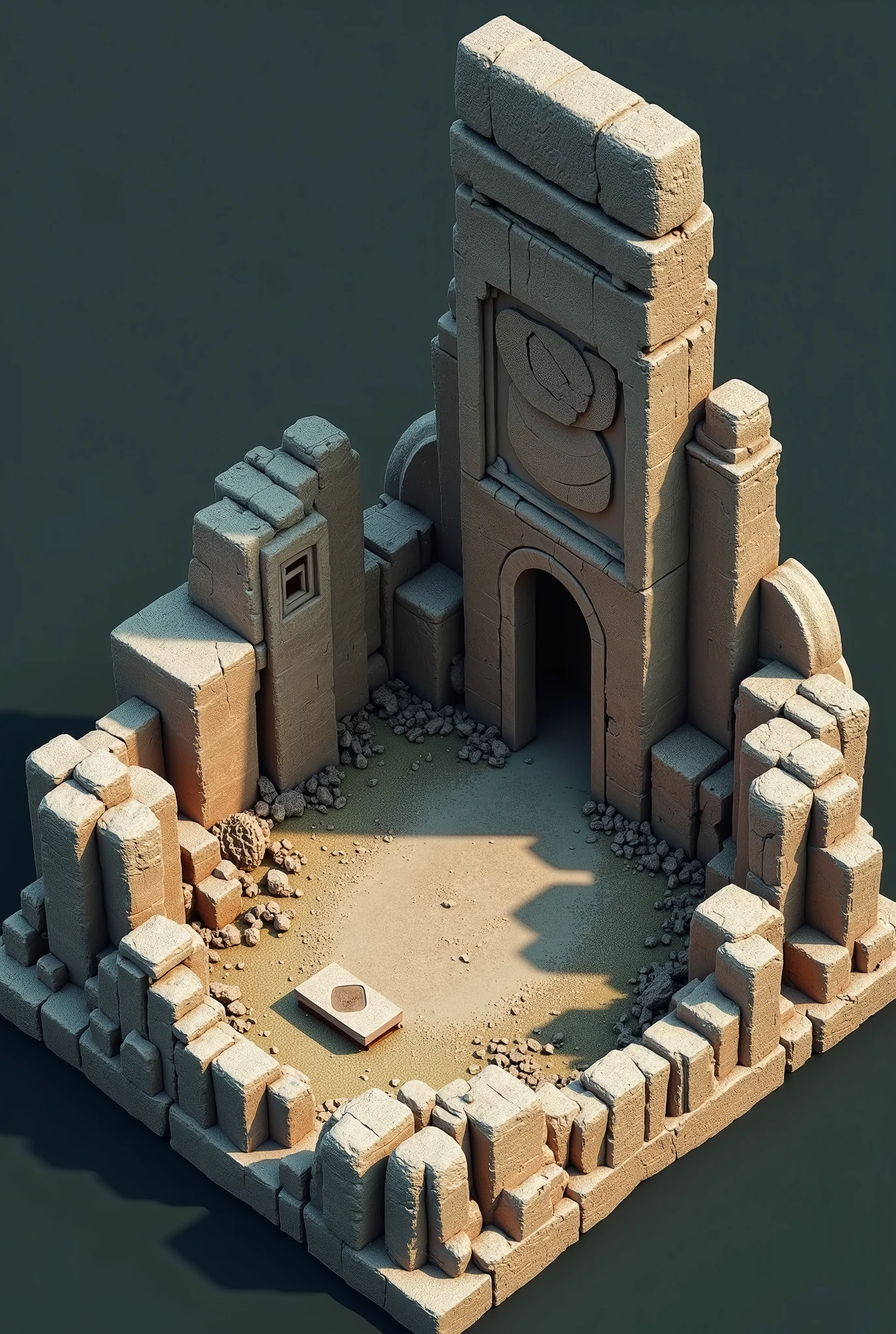  Studio Unreal Engineer rendering, Global physical lighring OctaneRender,  Extensive 3D modeling games in real scale , large 80 meters by 80 meters  , Tribal style,   Terrain model of 80x80 meters of rocks  ,   An ancient RUIN with a tablet made of stone .，Rochas,   some stone blocks detached from the ruins 