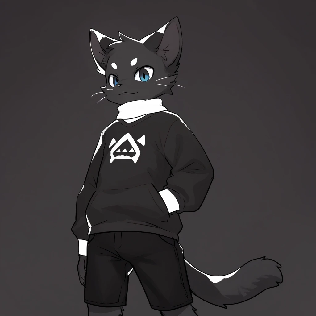  A teenage cat, Furry and him, being male with black fur, having dark blue eyes, glowing in neon, and having paws, and being thin and tall, with a white scarf around the neck in one eye.   ,      having short male hair      ,  and wearing a shirt with white color and some black parts and wearing black shorts and he is barefoot and he has paws and he has legs and he has no hands in his pockets and on a black and white background with a black border and he is standing on this background and he is alone 