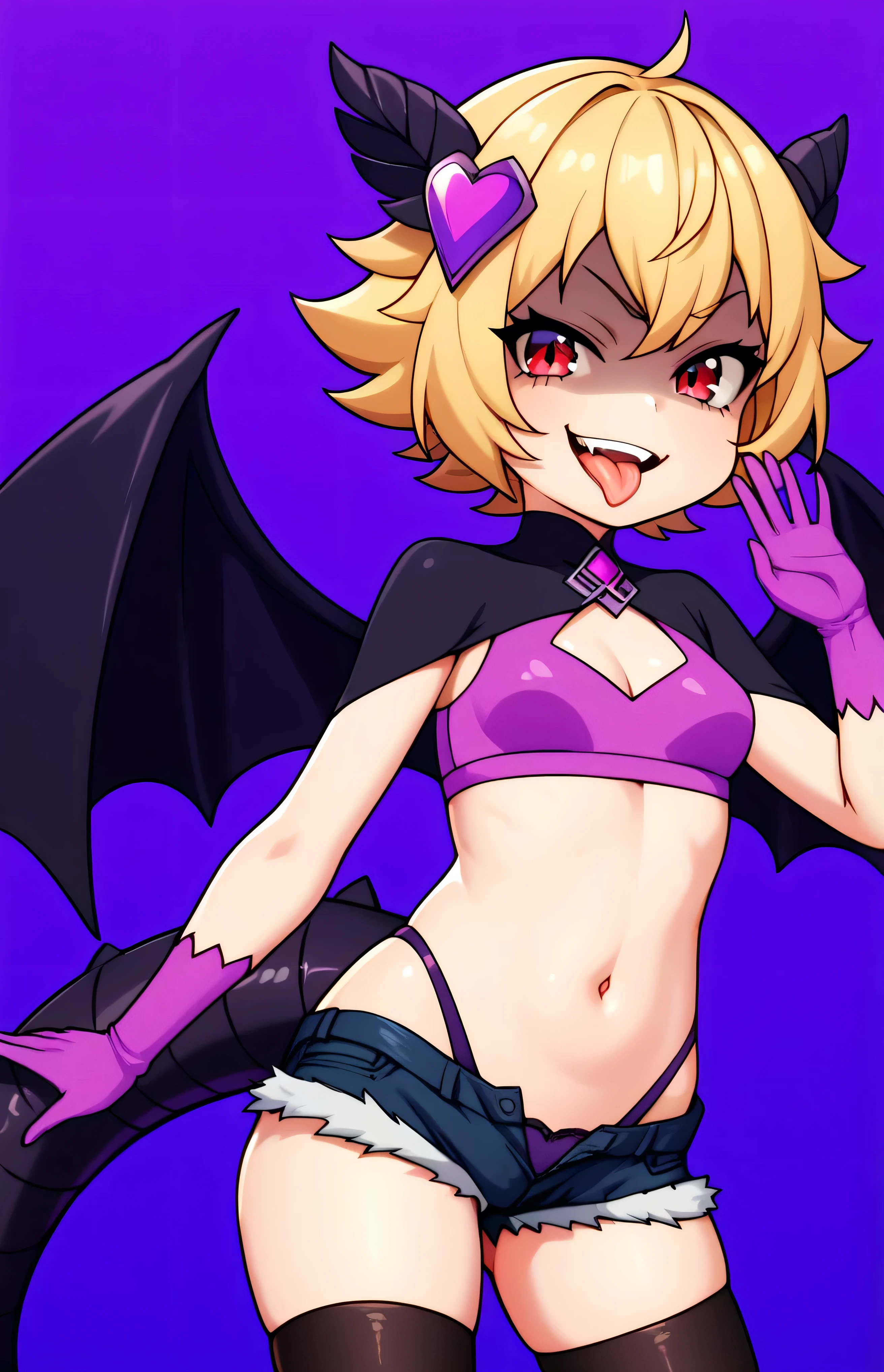 masterpiece, best quality, good quality, newest, CEL, AnFit, red eyes, blonde hair, purple crop top, 1girl, tongue out, black thighhighs, looking at viewer, purple gloves, cowboy shot, short shorts, black shorts, small breasts, highleg panties, hair ornament, purple background, underwear, hand up, panty straps,too evil smile, cleavage cutout, simple background, open mouth, purple panties, two-tone background, pink gloves, sidelocks, outline, black wings, purple wings, dragon tail, feathered wings, hip ornaments,shaded face(eyes in shadow),li.small height,short hair,villain pose,