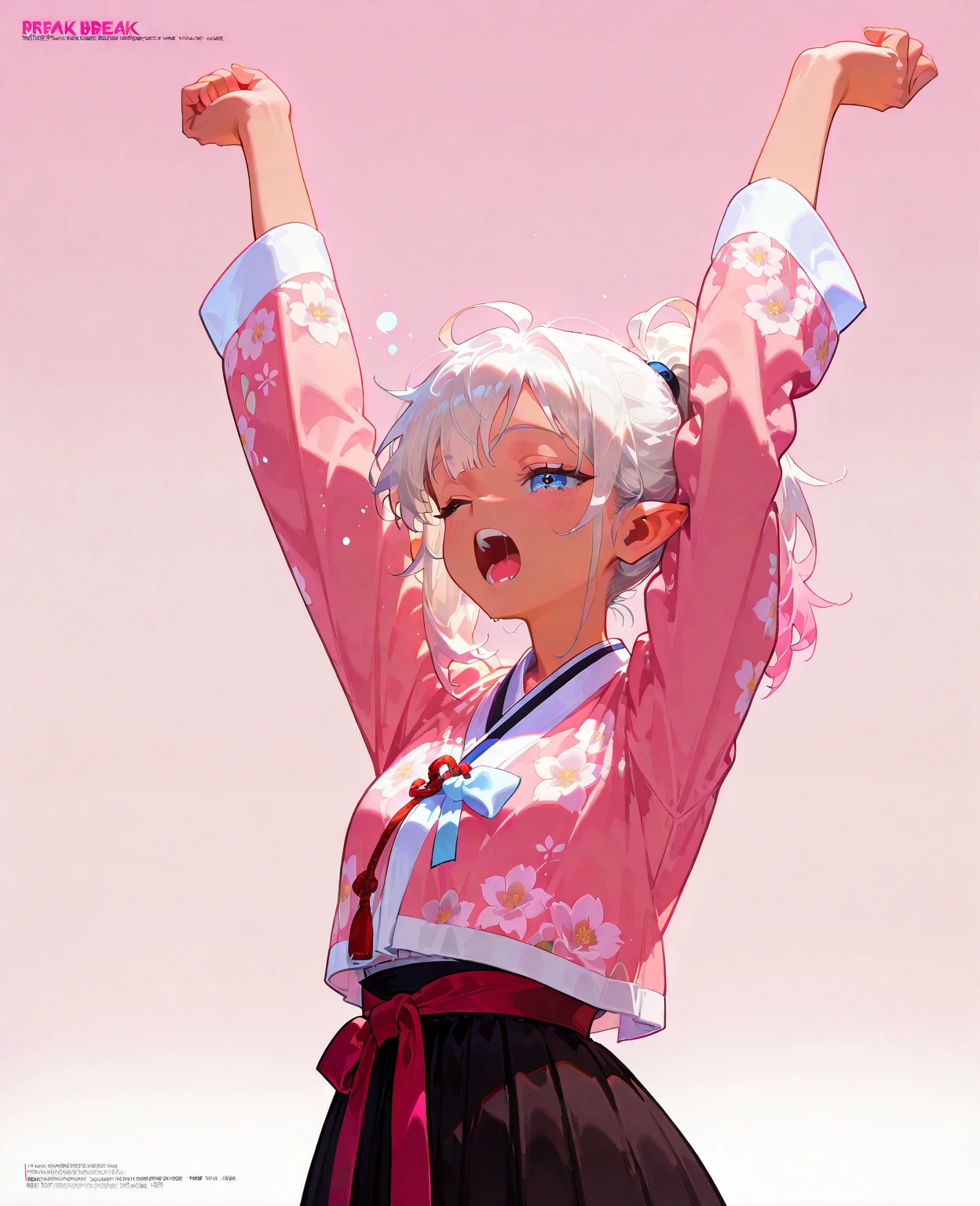  1girl,   white hair,  medium hair , hair tied in a ponytail,      tanning line ,   
BREAK    1girl, yawns,  stretching ,  wakes up ,  orgasm,     
 HANBOK BREAK,  Korean clothing , Dressed_ undercover , floral print, (hot pink background ),     magazine scan , 
 BREAK safe ,  masterpiece fails,  top quality ,  very aesthetic , absurdres ,  Elf,  high definition, newest, a gray medieval shirt opens one eye ,  Blue eyes