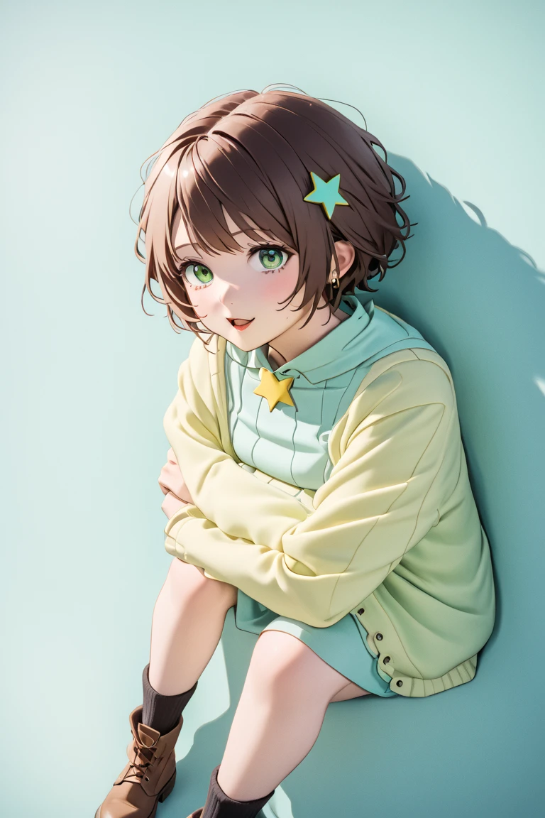 a woman with long, dark brown hair without bangs, pastel green eyes, wearing a pastel yellow sweater, pastel green short skirt, black socks, small brown boots, wearing star clips.
