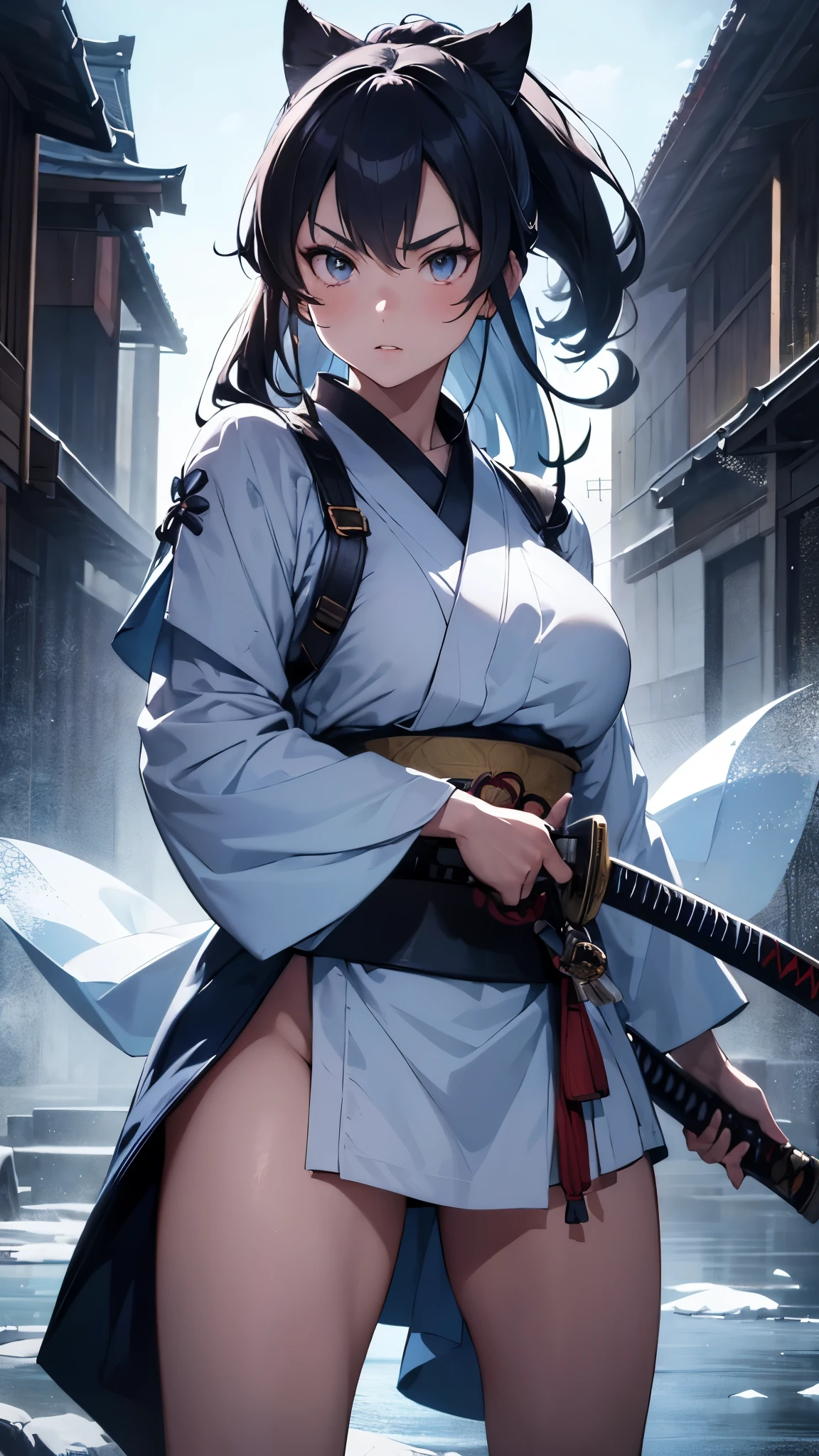 beautiful detailed girl samurai, 18 years old, sexy flexible body, long legs, detailed defined facial features, beautiful detailed eyes, slightly plump lips, samurai stance, holding katana sword raised overhead, icy blue color palette, cinematic lighting, highly detailed, 8k. Nsfw