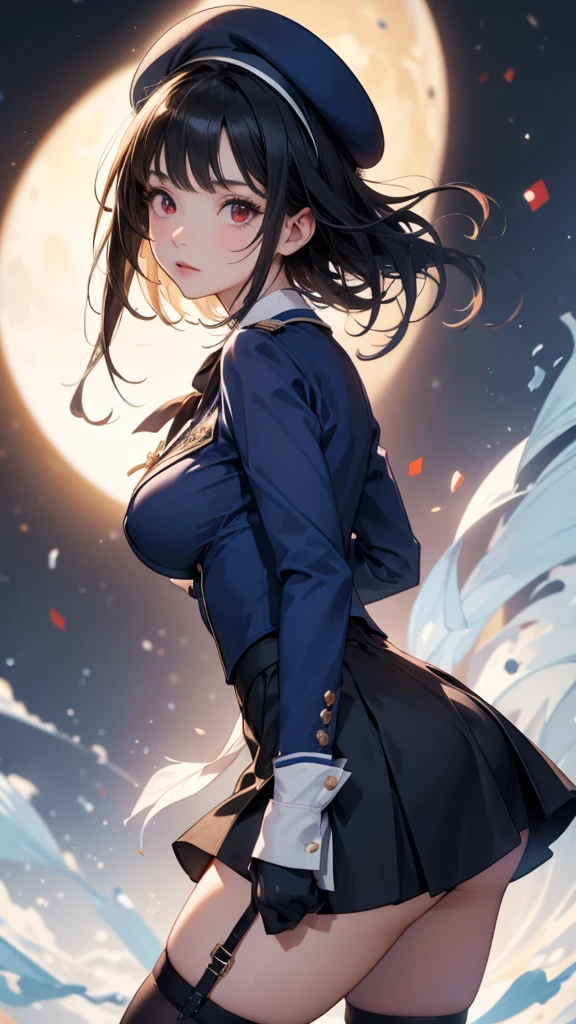 (masterpiece,  top quality :1.2), illustration,8k, high res, One girl ,Alone, upper body,( portrait:1.2), \( kancolle \), black hair, red eyes, short hair, Big Breasts , Long Sleeve , on my bed, Black Gloves , black knee-highs, miniskirt, blue skirt,uniform,beret, garter strap , Blue Jacket , blue head cover,  pencil skirt ,Butt