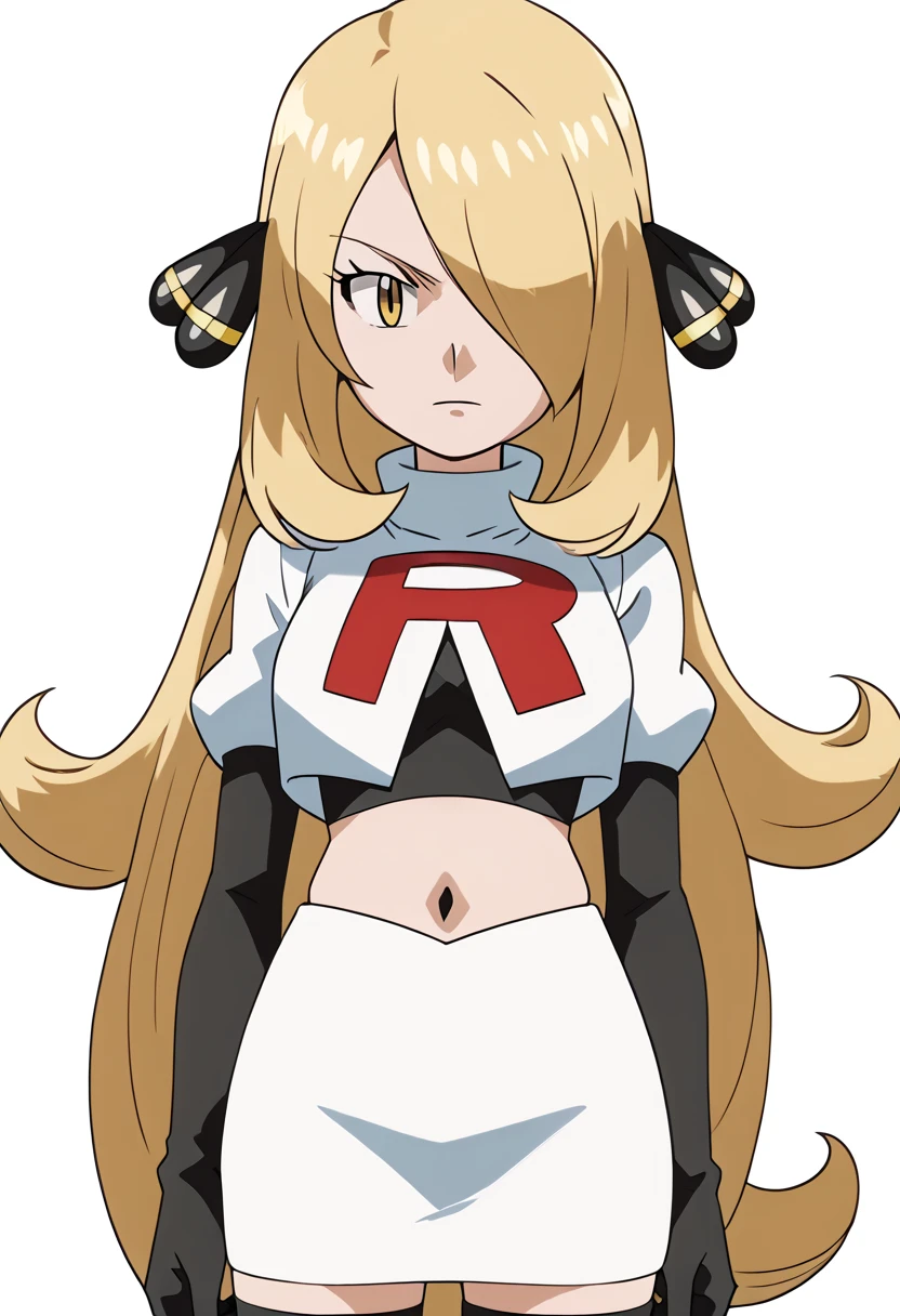 masterpiece,best quality,high res,high quality,Mariabell Crois,twin tails,drill hair,hair ornament,8k, masterpiece,highres, team rocket uniform, red letter r, white skirt,white crop top,black thigh-high boots, black elbow gloves, glaring angrily, looking down at viewer, hands on hips, cowboy shot, zettai ryouiki,spread legs,from below, black panties,anime style, vivid colors, sharp focus, intense lighting,