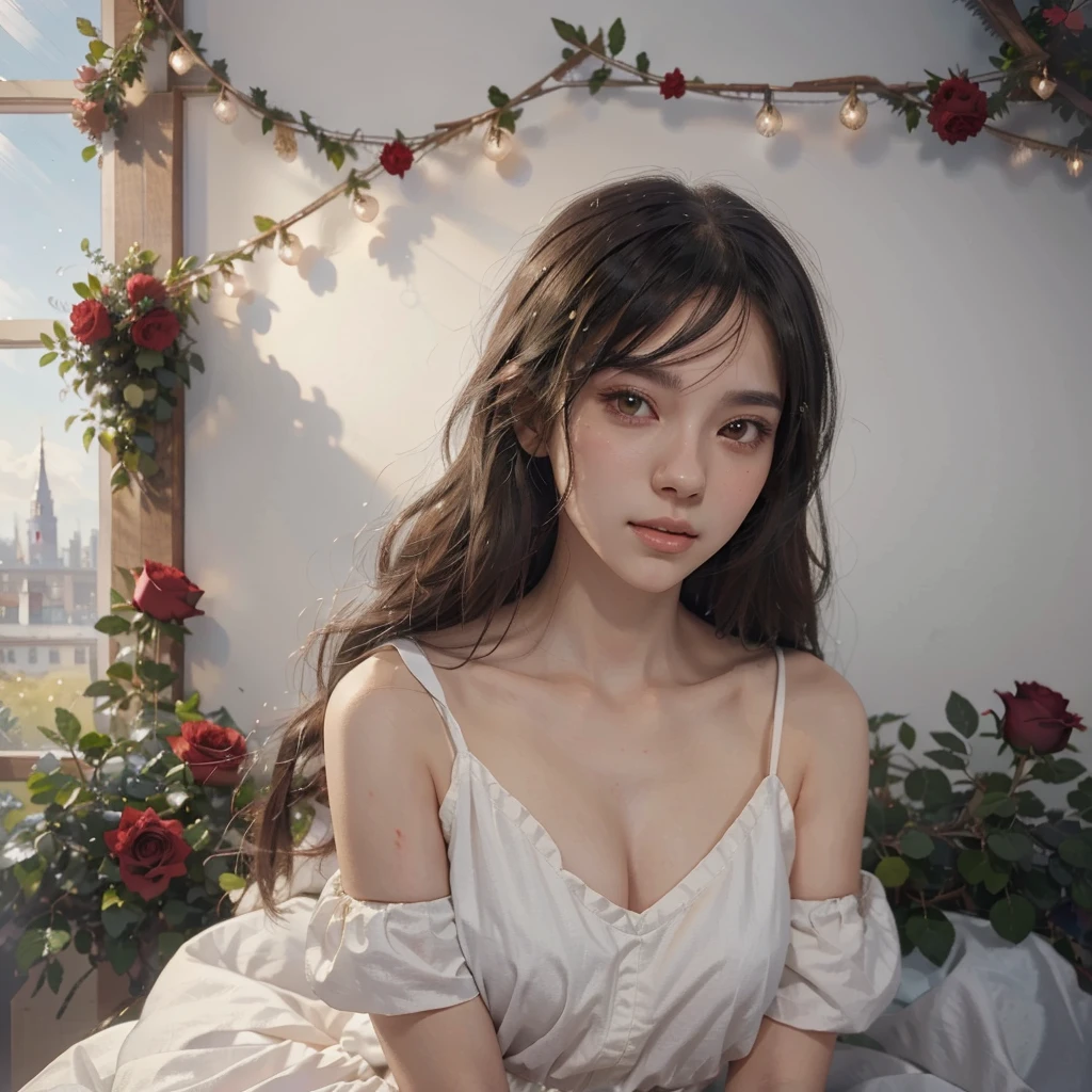 Anime girl with long black hair and a white dress with red roses, Gwaiz, Gwaiz on pixiv artstation,  detailed digital animation art, beautiful anime girl, Gwaiz on artstation pixiv, Anime Style 4k, everyone, beautiful anime portrait,  detailed portrait of an anime girl ,  BEAUTIFUL ANIME WOMEN ,  Detailed Anime Art 