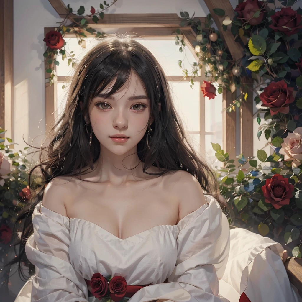 Anime girl with long black hair and a white dress with red roses, Gwaiz, Gwaiz on pixiv artstation,  detailed digital animation art, beautiful anime girl, Gwaiz on artstation pixiv, Anime Style 4k, everyone, beautiful anime portrait,  detailed portrait of an anime girl ,  BEAUTIFUL ANIME WOMEN ,  Detailed Anime Art 