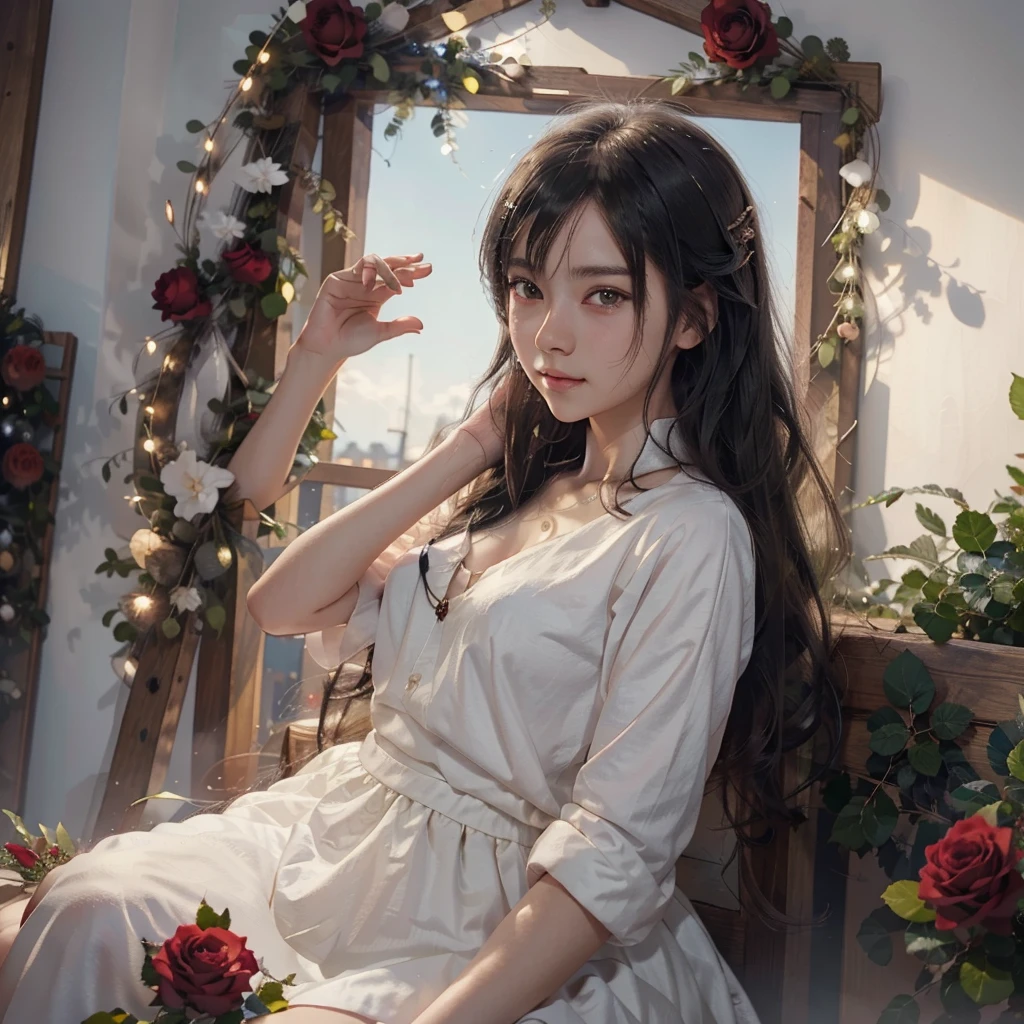 Anime girl with long black hair and a white dress with red roses, Gwaiz, Gwaiz on pixiv artstation,  detailed digital animation art, beautiful anime girl, Gwaiz on artstation pixiv, Anime Style 4k, everyone, beautiful anime portrait,  detailed portrait of an anime girl ,  BEAUTIFUL ANIME WOMEN ,  Detailed Anime Art 