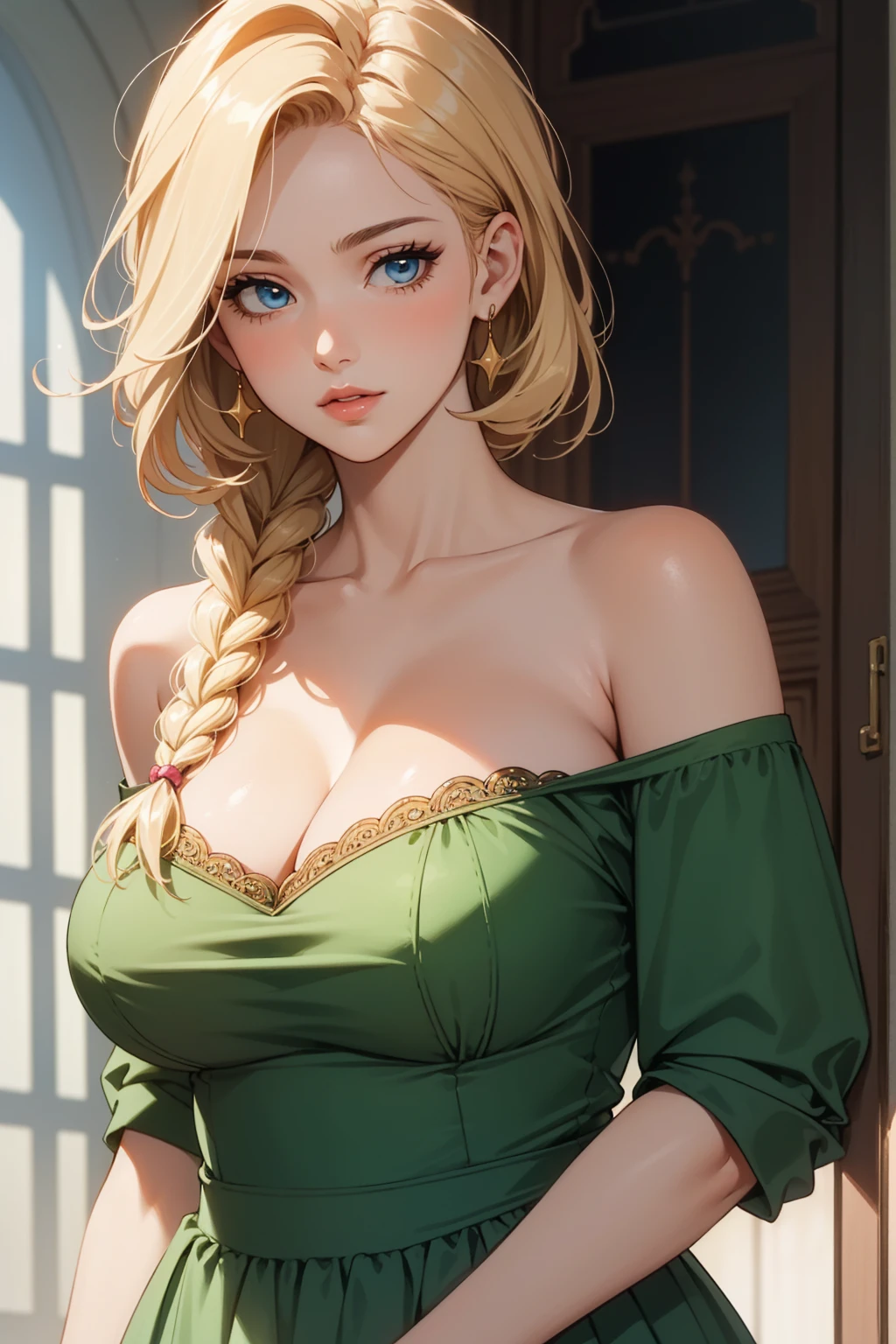 (masterpiece:1.2, best quality), realistic, (real picture, intricate details, depth of field), (1girl, solo), A large and plump chest, curves, a very beautiful face, pink lips, blonde hair in a single braid, blue eyes, a slender waist, a well-proportioned figure, a soft and delicate face, smooth skin, an elegant body, a long, fitted green dress with a low neckline and off-shoulder.