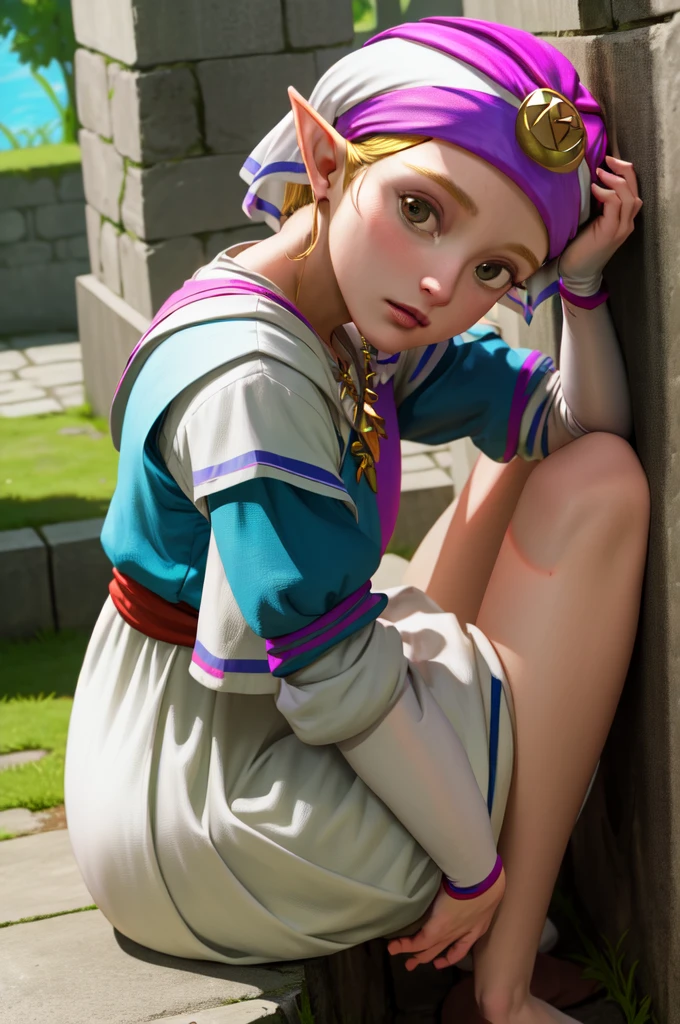 masterpiece, best_quality, 1girl, solo, princess zelda, nintendo, the legend of zelda, nude, naked, ,  sitting on a wall, spreading legs,  vaginal object insertioN, oot, young zelda, outdoors, looking at viewer, facing camera