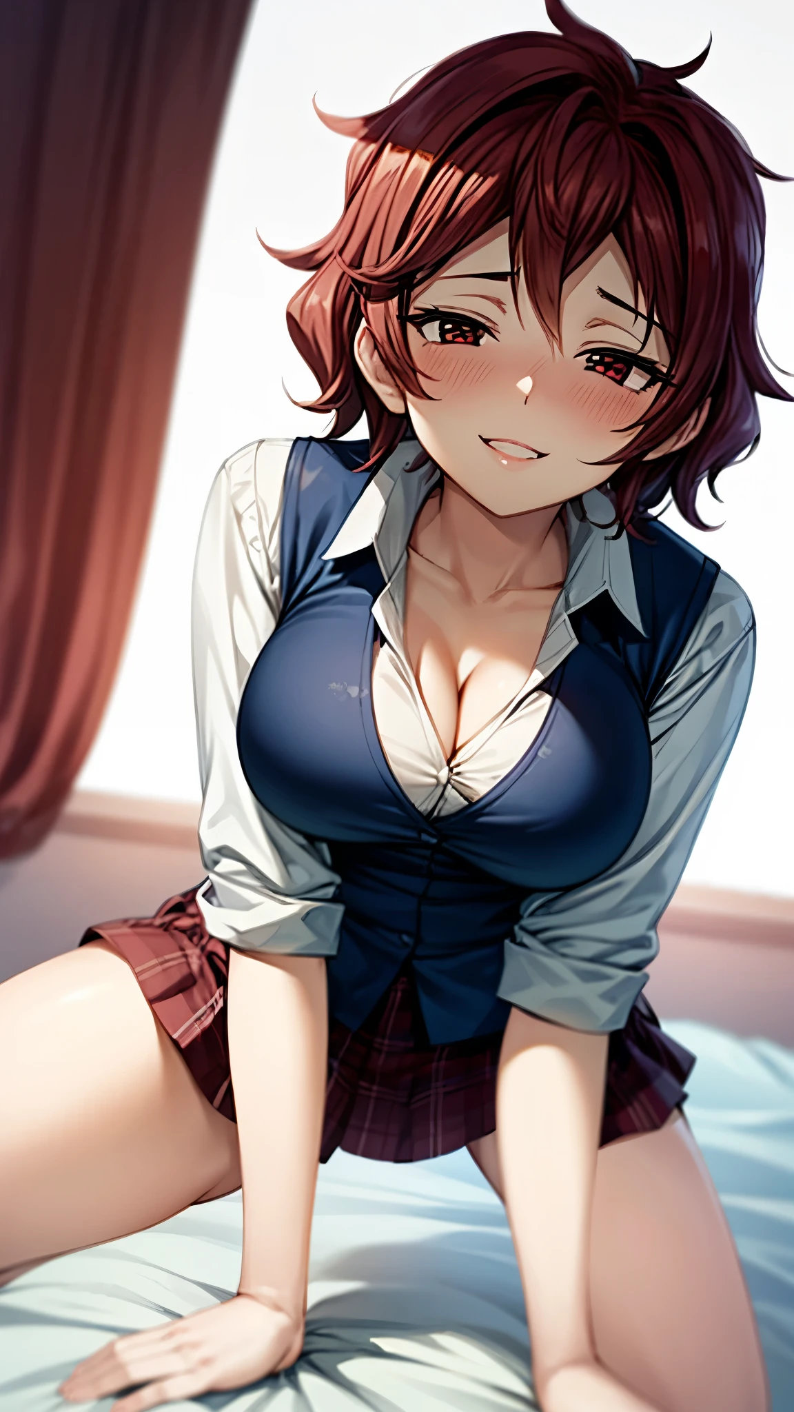 （ super high quality , super high res,16k,super masterpiece,Ultra HD ,Detailed shading and background,） sexy girl looking up,white shirt with large expansion,Navy blue vest, cleavage, plaid mini skirt ,smile,blush, open my lips,kneeling on the bed, spreads her legs wide,