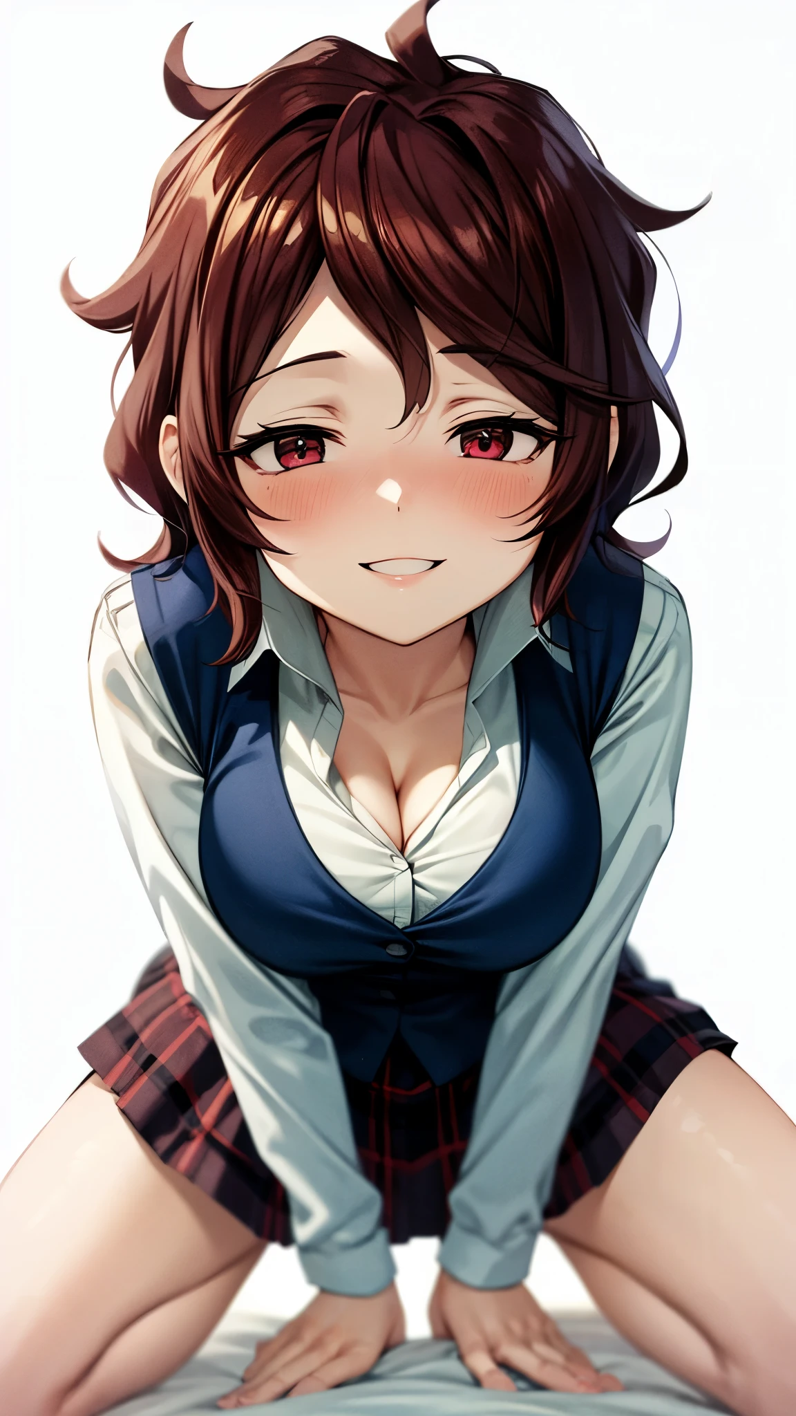 （ super high quality , super high res,16k,super masterpiece,Ultra HD ,Detailed shading and background,） sexy girl looking up,white shirt with large expansion,Navy blue vest, cleavage, plaid mini skirt ,smile,blush, open my lips,kneeling on the bed, spreads her legs wide,