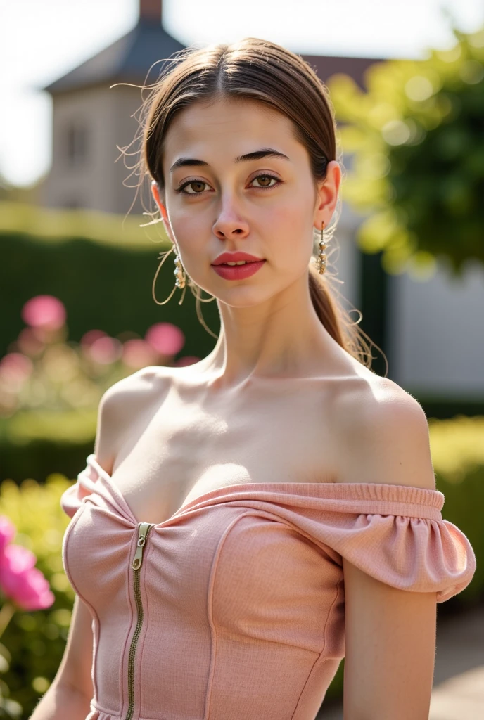 a girl wearing a beautiful pink dress, highly detailed face, detailed eyes, long eyelashes, beautiful lips, detailed hair, intricate jewelry, elegant pose, serene expression, natural garden background, sunlight filtering through the trees, vibrant colors, cinematic lighting, photorealistic, award winning digital art, 8k, hyperdetailed, masterpiece