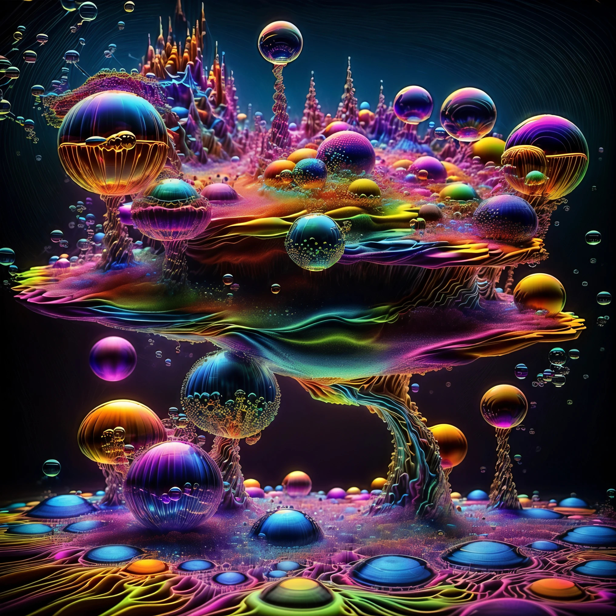 A close up of beautiful bubbles floating on top of each other, LSD, DMT imagery. octane render, psychedelic droplets of water, abstract liquid, and intricate rainbow art. octane render, black 3d fluid simulation,  ethereal bubbles, swirling liquids, and highly detailed, octane render, reflective rainbow bubbles, twisted colors inside of glass spheres, Psilocybin Dream inside an amazing image of light emerging from colors in a shimmering glass morphing out of colors, bright neon and fluorescent colors,very bright, vibrant colors, perfectly formed and symmetrical reflective bubbles and spheres, attention to detail with these beautiful bubbles and spheres, Extreme Hallucinations in a gorgeous piece of  psychedelic digital artwork, Stunning, pixel art, tripped out colors, 4d mandelbulb psychedelics, glass like psychedelic landscape, intricate rainbow environment, psychedelic underwater brightness and glow with neon colors, glowing colors twist inside of translucent glass spheres and bubbles with light and color reflecting off of both in bright fluorescent colors, psychedelic trip, fluorescent and neon aesthetic, psychedelic vibrant colors, bright psychedelic paint splattered backgrounds,swirling spirals and vortex, bright vibrant colors popping out from 3d glass spheres, Rotational Symmetry, Pixel Assets, Portrait photography, Surrealism, Photorealistic, Hyperdetailed, Glass Morphism, Digital Art, Sparkle, Optical Illusion, Glowing Light, Reflective Light, Overexposure, Backlighting, Depth Of Field, Spheres and bubbles show perfect Symmetry, UHD, High Details, High Quality, Super Detailed, Full Focus, Awe inspiring, Shockingly unique wallpaper art, Breathtaking, Indescribably Beautiful, Heaven sent images, Best Quality, Award Winning, MasterpieceA close up of beautiful bubbles floating on top of each other, LSD, DMT imagery. octane render, psychedelic droplets of water, abstract liquid, and intricate rainbow art. octane render, black 3d fluid simulation,  ethereal bubbl