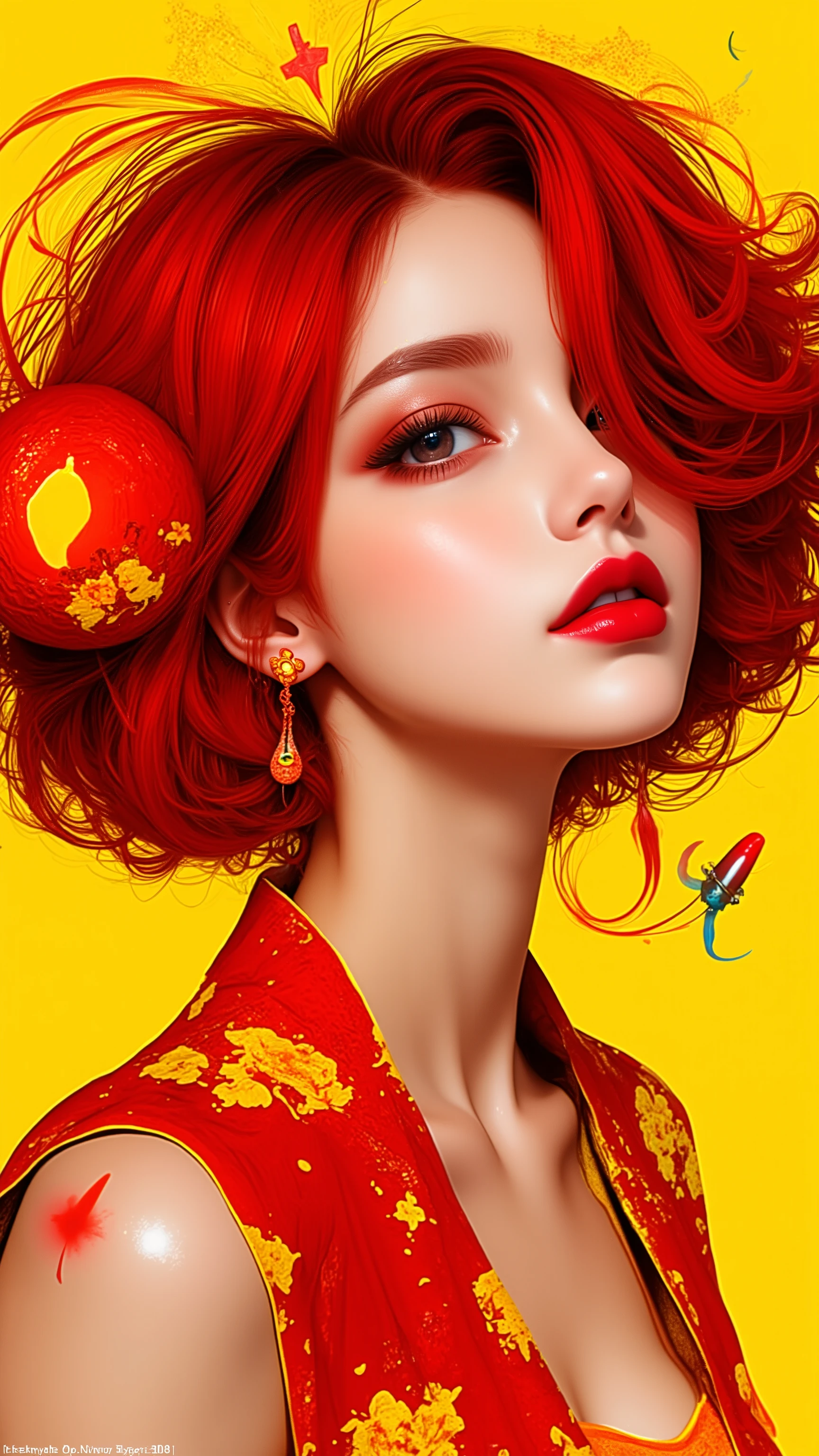 32K（tmasterpiece，K HD，hyper HD，32K）Large flowing curls，Flowing Rouge，Ponds，zydink， Farbe，  japanes（Stupid girl）， （Silk Scarf）， Big roll of rouge， Flowing rouge curls， avant-garde、psychedelic、 （Abstract ink splash：1.2）， Yellow lemon background，tiny waterfall（realisticlying：1.4），Rouge Hair，The background is pure， hight resolution， detaileds， RAW photogr， Sharp Re， 「Nikon D850 Film」Stock photo of Jeffries Lee 4 Kodak Portra 400 Camera F1.6 shots, Rich colors, Ultra-realistic vivid textures, Dramatic Lighting, Unreal Engine Art Station Trends, Synestil 800，Big curls，Flowing Rouge、small tits、Slimed、A slender、Model body type、Abstract、artistic