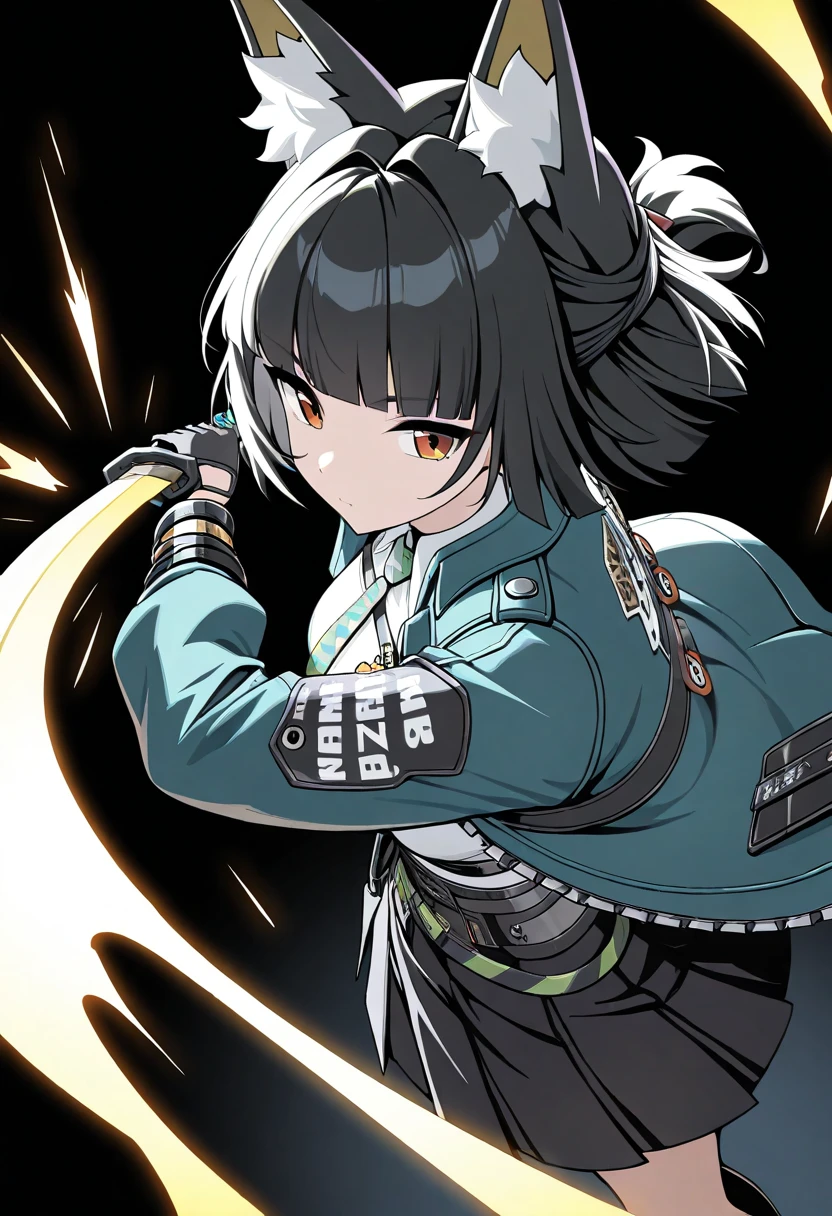 1girl,hoshimi miyabi, zenless zone zero, from above, side angle, foreshortening, fluff animal ear, black glove, black hair, black skirt, blunt bangs, jacket, holding sword, , energy katana, sparks, simple dynamic black background, cinematography, masterpiece, best quality, newest, absurdres