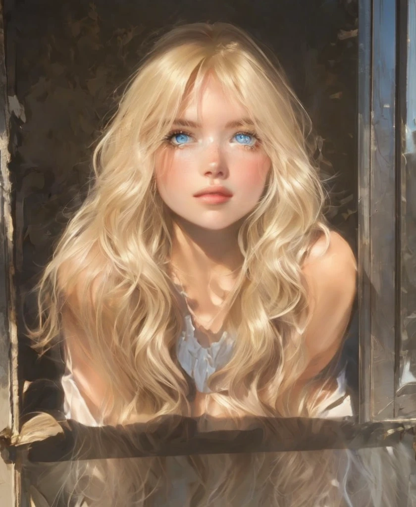 blond woman with blue eyes looking out a window, long  blonde hair and big eyes , long  blond hair and blue eyes,  blonde hair and big eyes ,  blond hair and blue eyes,  cabello rubio largo y ojos grandes , a girl with blond hair , Curtain bangs, blonde hair blue eyes,  Irina Nordsol Kuzmina , Emma Stone with red hair,  blue eyes and blond hair 