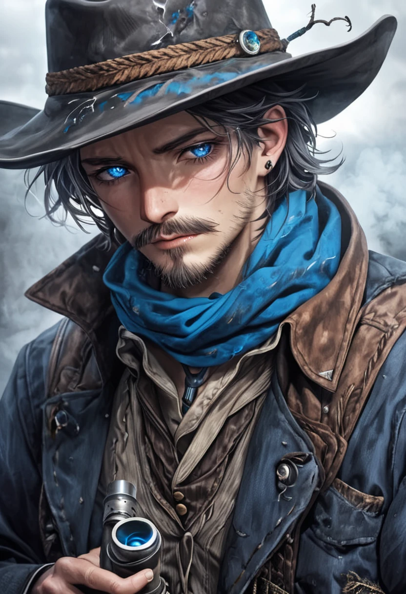 .flux portraying a weathered cowboy, pipe in hand, embodying resilience and solitude. His piercing blue eyes reflect a lifetime of untold stories, while smoke curls like fading memories. The worn hat and rugged features symbolize a bygone era, where strength, introspection, and the weight of time converge into quiet defiance.