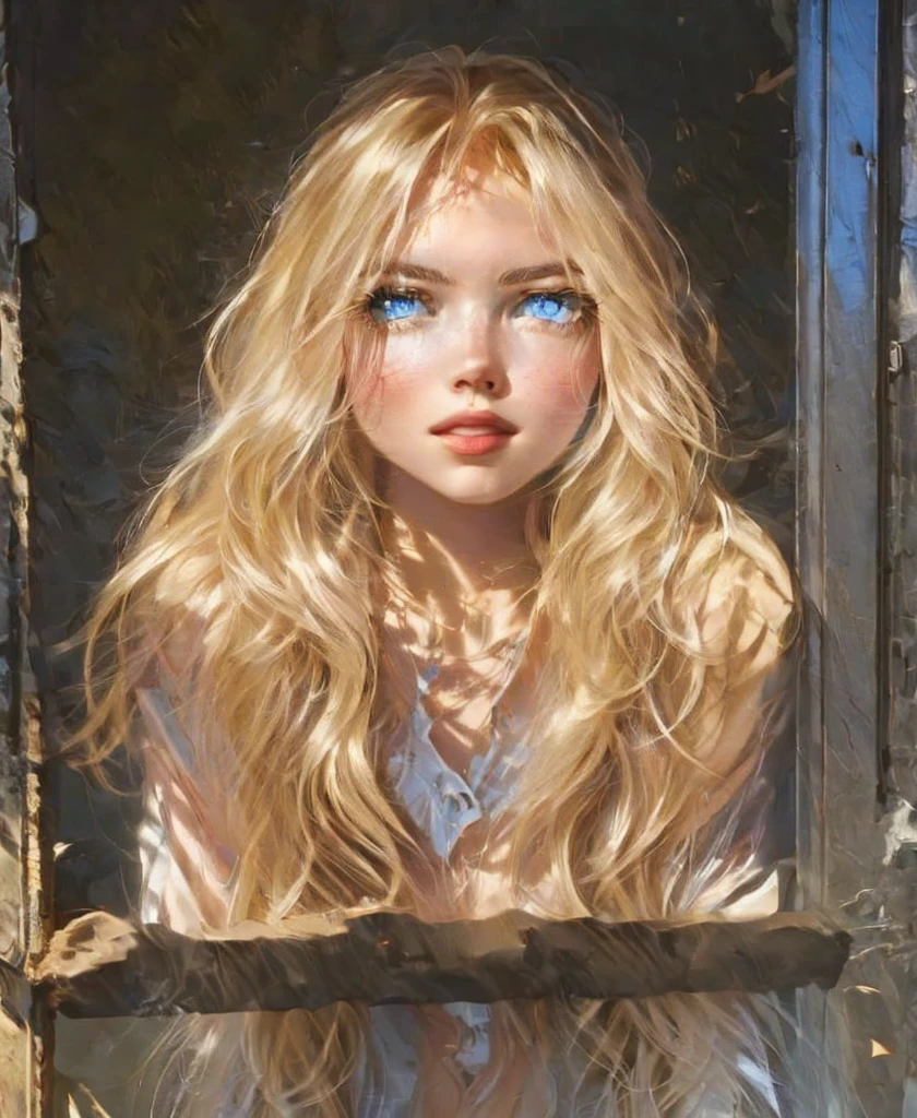 blond woman with blue eyes looking out a window, long  blonde hair and big eyes , long  blond hair and blue eyes,  blonde hair and big eyes ,  blond hair and blue eyes,  cabello rubio largo y ojos grandes , a girl with blond hair , Curtain bangs, blonde hair blue eyes,  Irina Nordsol Kuzmina , Emma Stone with red hair,  blue eyes and blond hair 