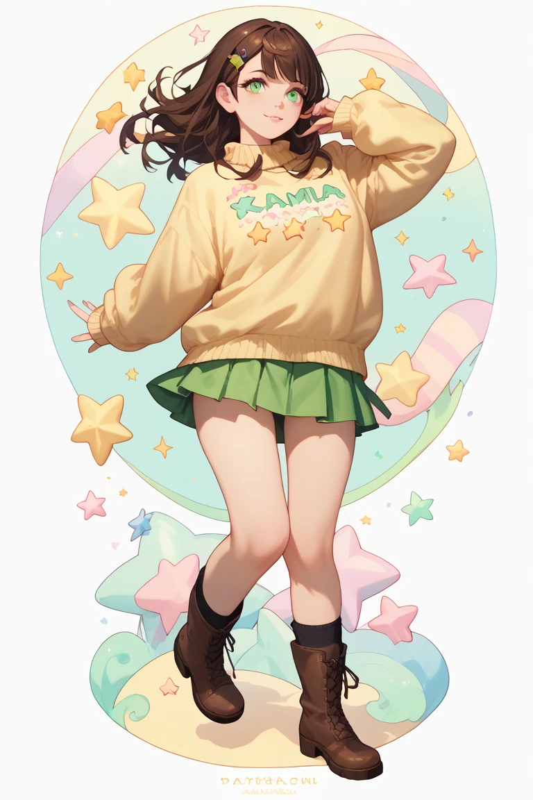 a woman with long, dark brown hair without bangs, pastel green eyes, wearing a pastel yellow sweater, pastel green short skirt, black socks, small brown boots, wearing star clips.
