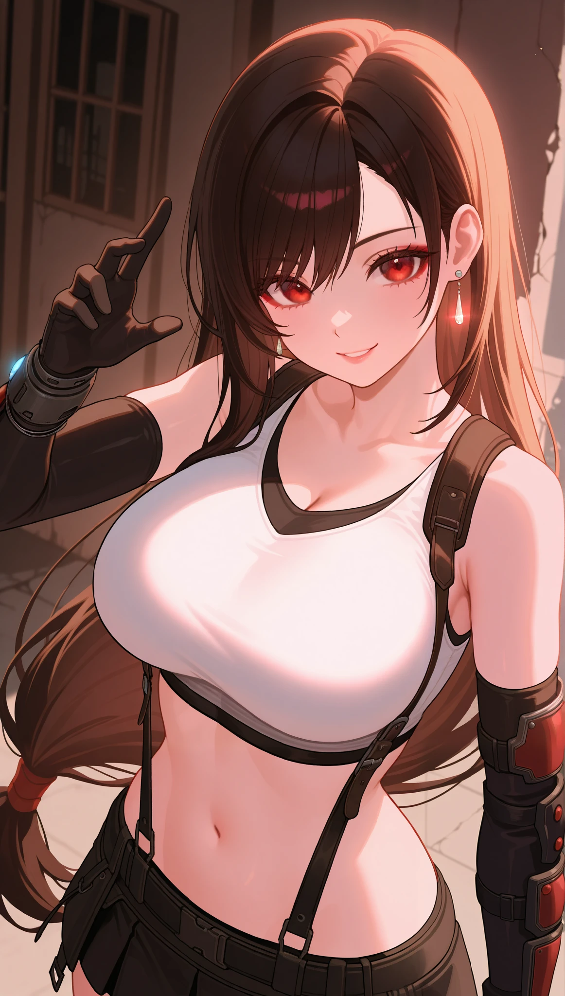 (masterpiece), (portrait), big breasts (aesthetics), ((1 female 21 years old)), Highlight earrings), ((long hair)), ((Hot crystal black hair)), ((Tifa Lockhart)) straight hair, thin eyes open, red eyes, cute, naughty smile, woman, feminine, beautiful, female features, top, high quality, aesthetic clothing, professional angle, (rule of thirds), (feminine), (feminine), (feminine), (beautiful) , (female ) features), solo, (Korean attractive), summer, (ink haze), (afternoon), (vibrant light), seductive posture, ((face looking forward))), Tifa Lockhart, mini skirt, suspenders, strap tank top, long leather gloves, sensual ((Energy)), (Bold Makeup), (Big Breasts), Fair Skin, (Clothes with Hip Hop Details), (a Tifa Lockhart, sculptural body, fighting pose), (Sleep Neckline), Beautiful Hands, Body beautiful, beautiful ears, beautiful eyes, bright eyes, beautiful mouth, beautiful lips, abandoned building, all trickery