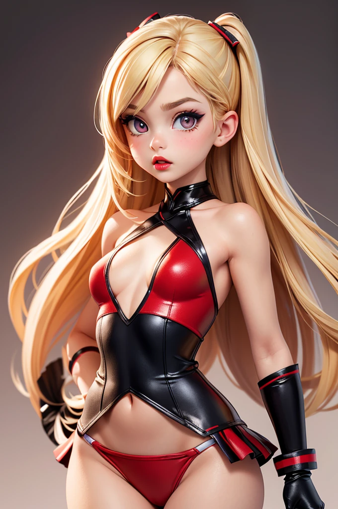 hyperrealistic 14 year old american teen, blonde, little, perfect tiny body, sexy, dark makeup, small choker, perfect slim face, big red lips, very cute face, tiny body, big eyes, young looking, childish looking, two piece tight dress, party