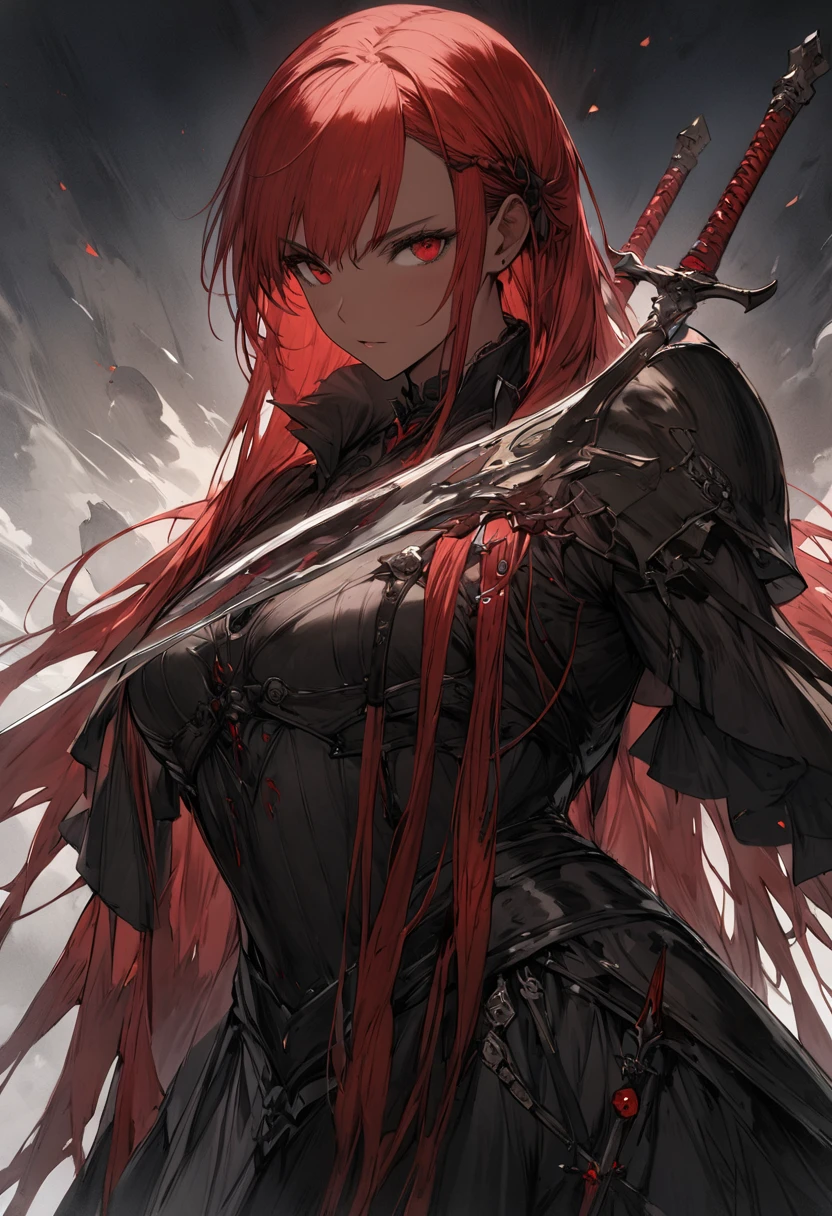 (masterpiece, best quality) an adult woman with very long red hair, short dress, red leather, black bows, long stockings, with a mask covering the eyes, (red mask covering the eyes), red mask, (red mask), covered eyes, bare legs, bodysuit, queen, lake, braids, good anatomy, correct proportions, strange mask, eye mask, black boots, torn clothes, queen, yellow eyes, serious, mysterious appearance, blood, emotionless, red forest, straight bangs, very long red hair, evil, (yellow eyes), gothic, medium chest, blood weapons, blood spikes, chest to head show, cinematics, color oil painting, solo, cinematic lighting, extremely detailed face, finely detailed face, beautiful face, beautiful eyes, perfect lighting, depth of field, realistic proportions, good anatomy, long coat