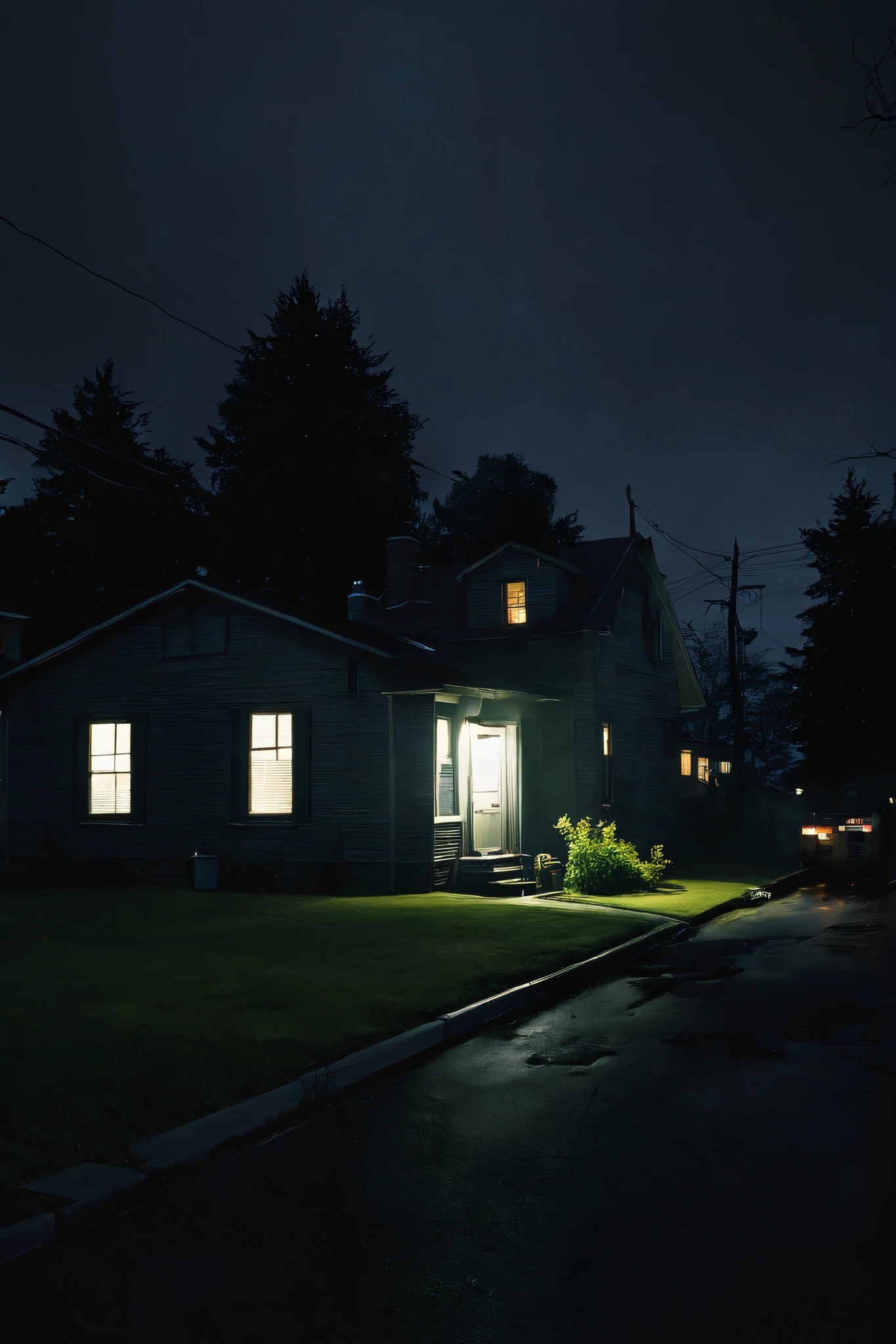 nighttime shot of a house with a light on and a street light, spooky netflix still shot, inspired by Gregory Crewdson, todd hido photography, dark neighborhood, greg crewdson, todd hido, crewdson, by Gregory Crewdson, gloomy cinematic lighting, photography of gregory crewdson, photography of todd hido, cinematic lighting at night