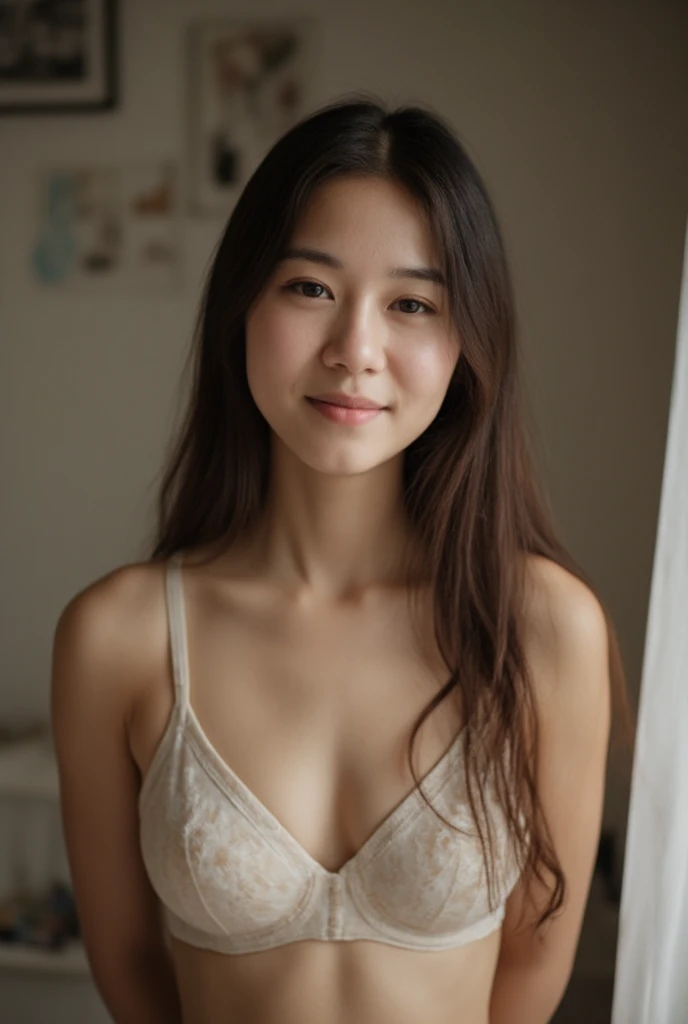 Young, wearing a bra, smiling,  long straight hair , Photo, at home