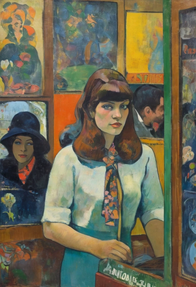 a painting in the style of paul-gaugin, Paris, 1960s,  a Jazz record store, a quirky auburn French girl, in pettycoats, a lost world of vintage vinyl