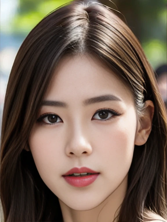 (a masterpiece portrait of a woman with ultra detailed features, in 8K resolution, with crisp quality and vibrant colors)、(from front、 face forward:1.4)、( focusing on her face)、(A face waiting for a kiss:1.4)、50 years old、throw:1.8、 staring at me 、 shiny red lips、( half-open eye:1.4)、 Sharp Focus 、Hairstyle put together at the back 、